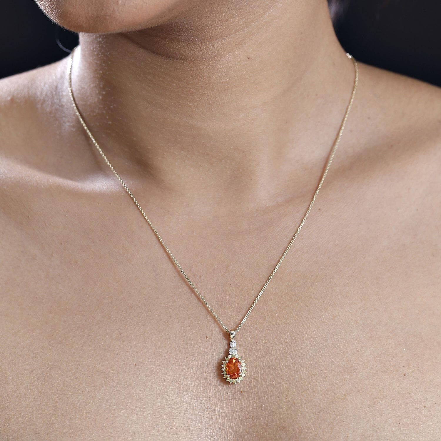 LUXORO AAA Garnet White Diamond Oval 14K Yellow Gold Pendant Necklace for Women Jewelry Birthday Gifts Size 18" Ct 1.56 G-H Color I3 Clarity - Image 3