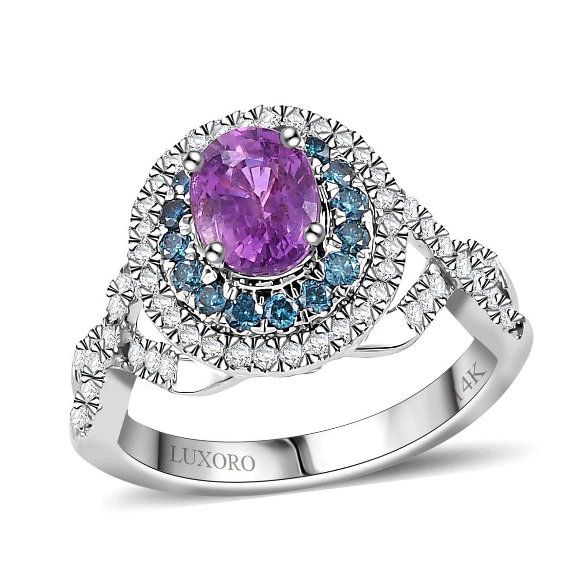 LUXORO AAA Lavender Sapphire Blue Diamond Oval 14K White Gold Halo Ring for Women Jewelry Birthday Christmas Gifts Size 6 Ct 1.76 I3 Clarity