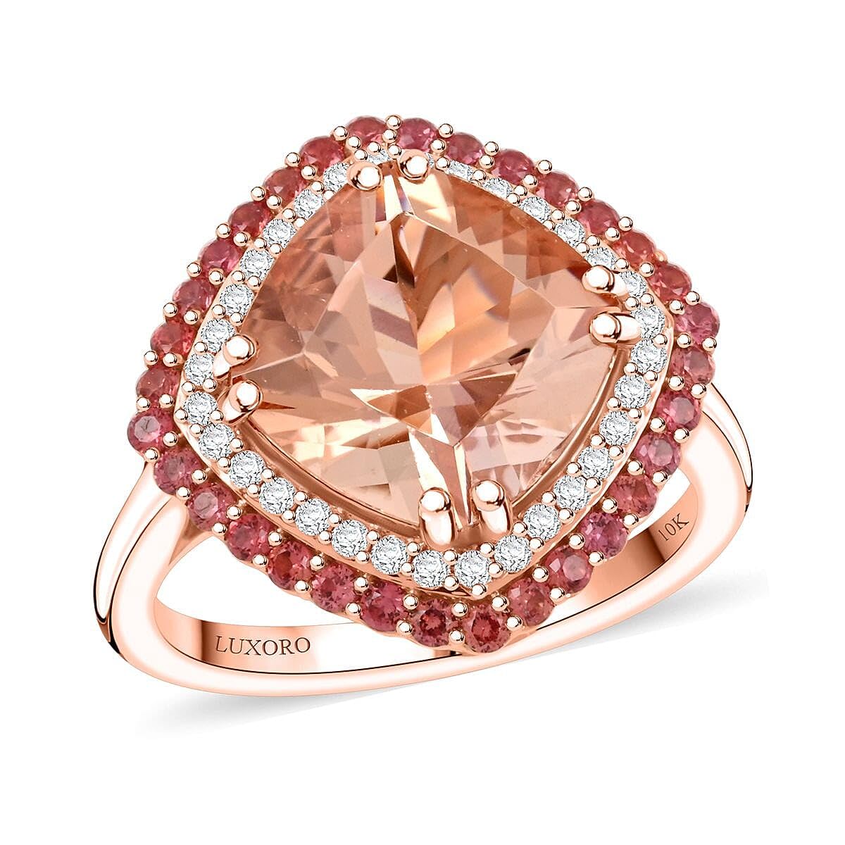 LUXORO AAA Morganite Padparadscha Sapphire White Diamond Cushion 10K Rose Gold Halo Ring for Women Jewelry Birthday Christmas Gifts Size 7 Ct 3.36 G-H Color I2 Clarity