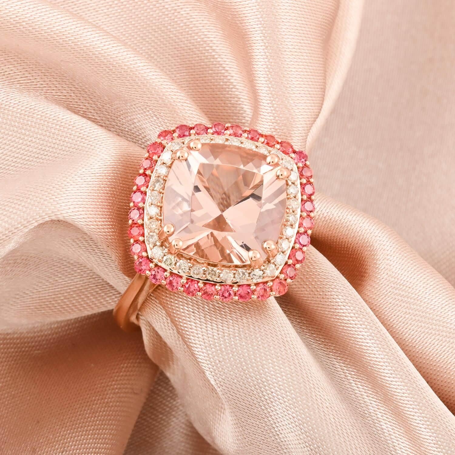 LUXORO AAA Morganite Padparadscha Sapphire White Diamond Cushion 10K Rose Gold Halo Ring for Women Jewelry Birthday Christmas Gifts Size 7 Ct 3.36 G-H Color I2 Clarity - Image 2
