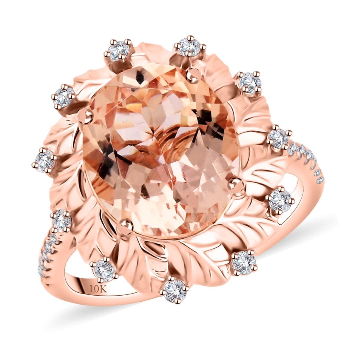 LUXORO AAA Morganite White Diamond 10K Rose Gold Flower Ring for Women Jewelry Ct 3.66 G-H Color I3 Clarity Birthday Christmas Gifts