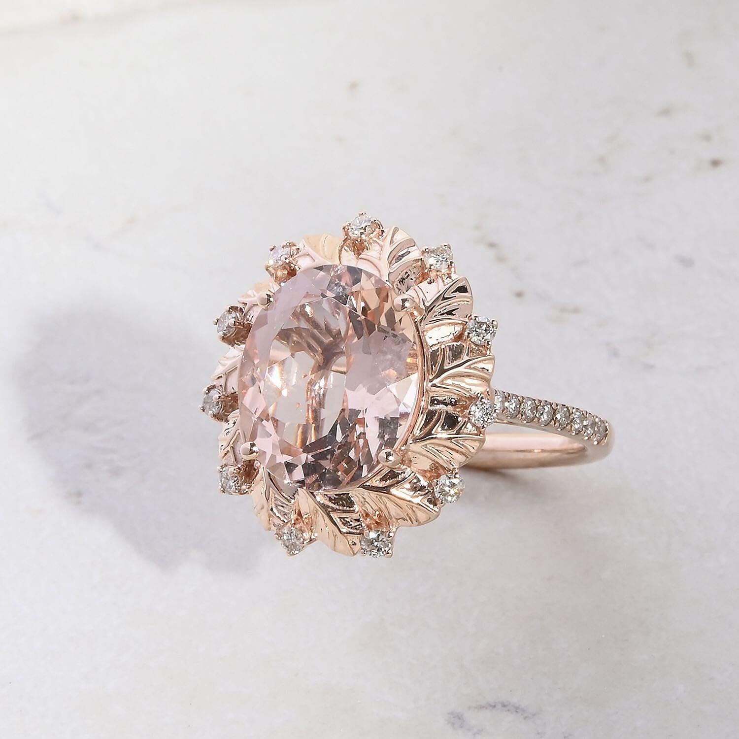 LUXORO AAA Morganite White Diamond 10K Rose Gold Flower Ring for Women Jewelry Ct 3.66 G-H Color I3 Clarity Birthday Christmas Gifts - Image 2