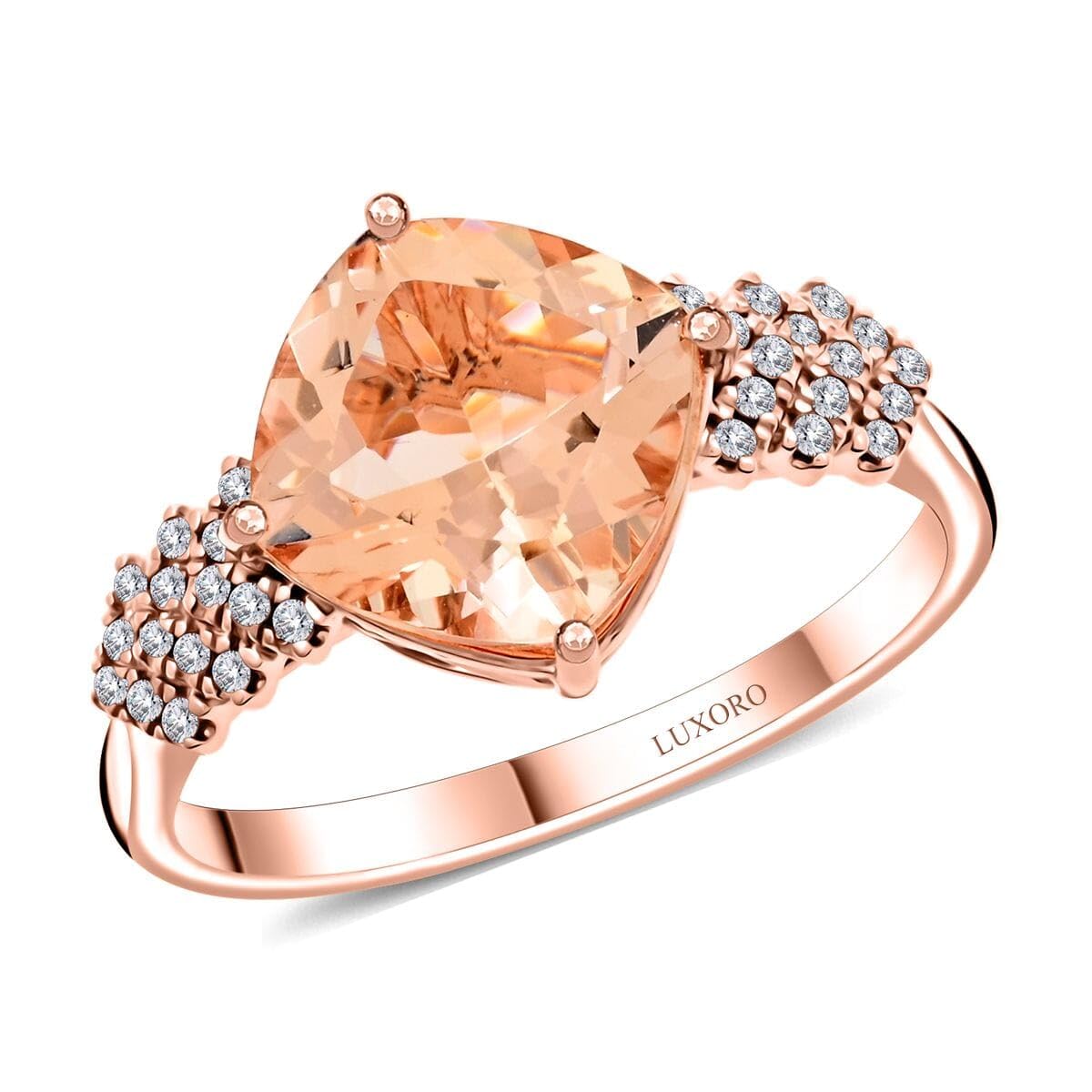 LUXORO AAA Morganite White Diamond 10K Rose Gold Ring for Women Jewelry Ct 3.15 G-H Color I3 Clarity Birthday Christmas Gifts