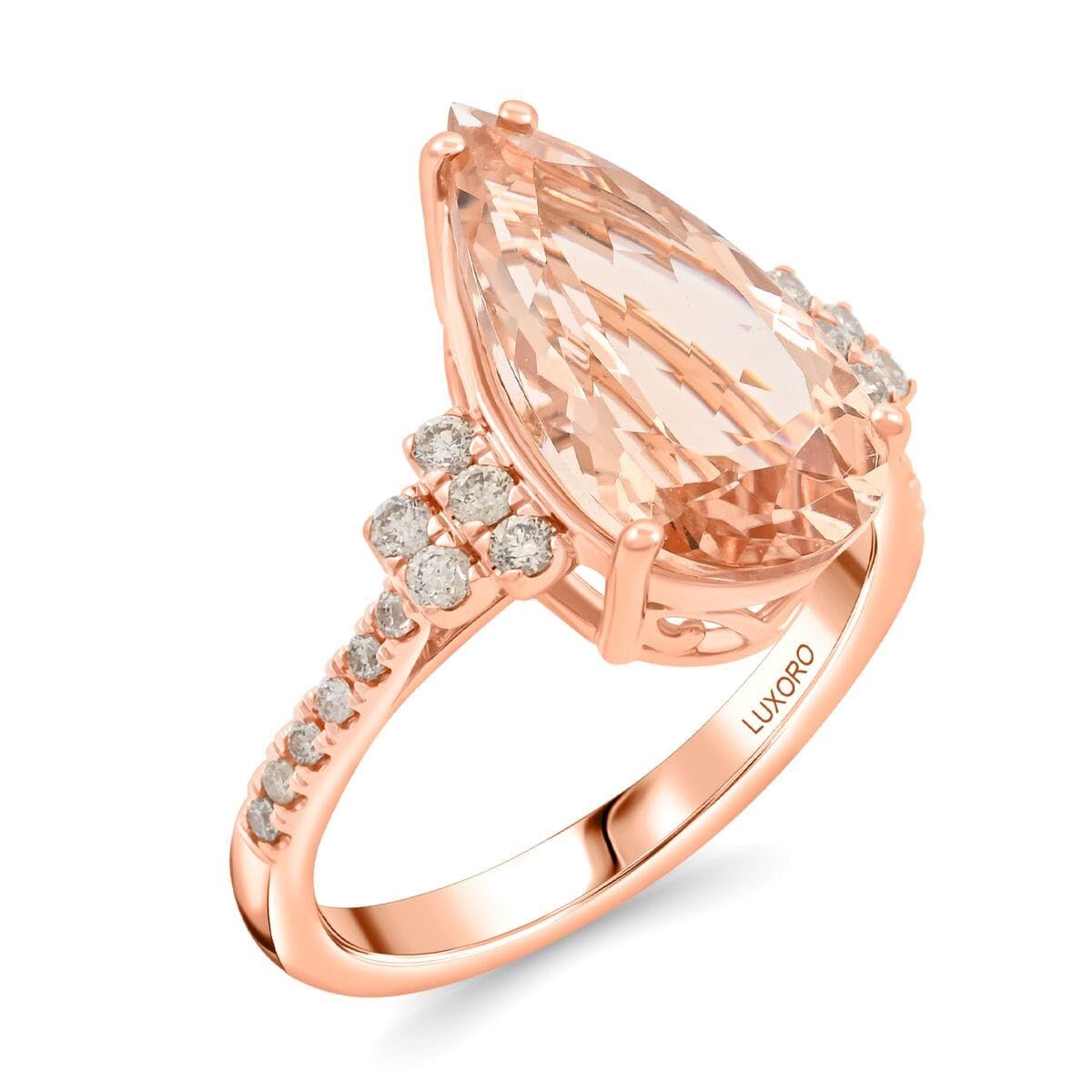 LUXORO AAA Morganite White Diamond Pear 14K Rose Gold Ring for Women Jewelry Birthday Gifts Size 7 Ct 5.38