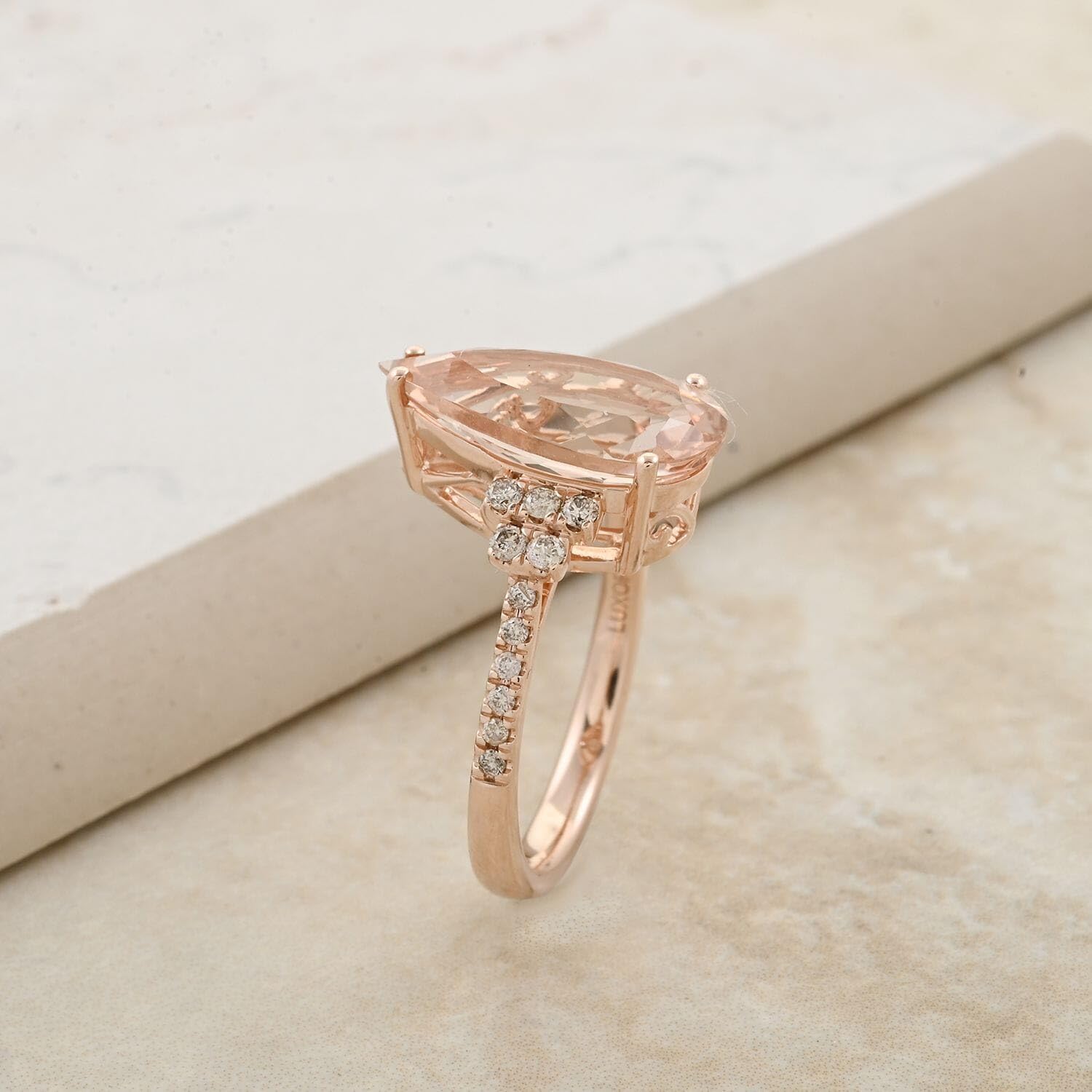LUXORO AAA Morganite White Diamond Pear 14K Rose Gold Ring for Women Jewelry Birthday Gifts Size 7 Ct 5.38 - Image 2