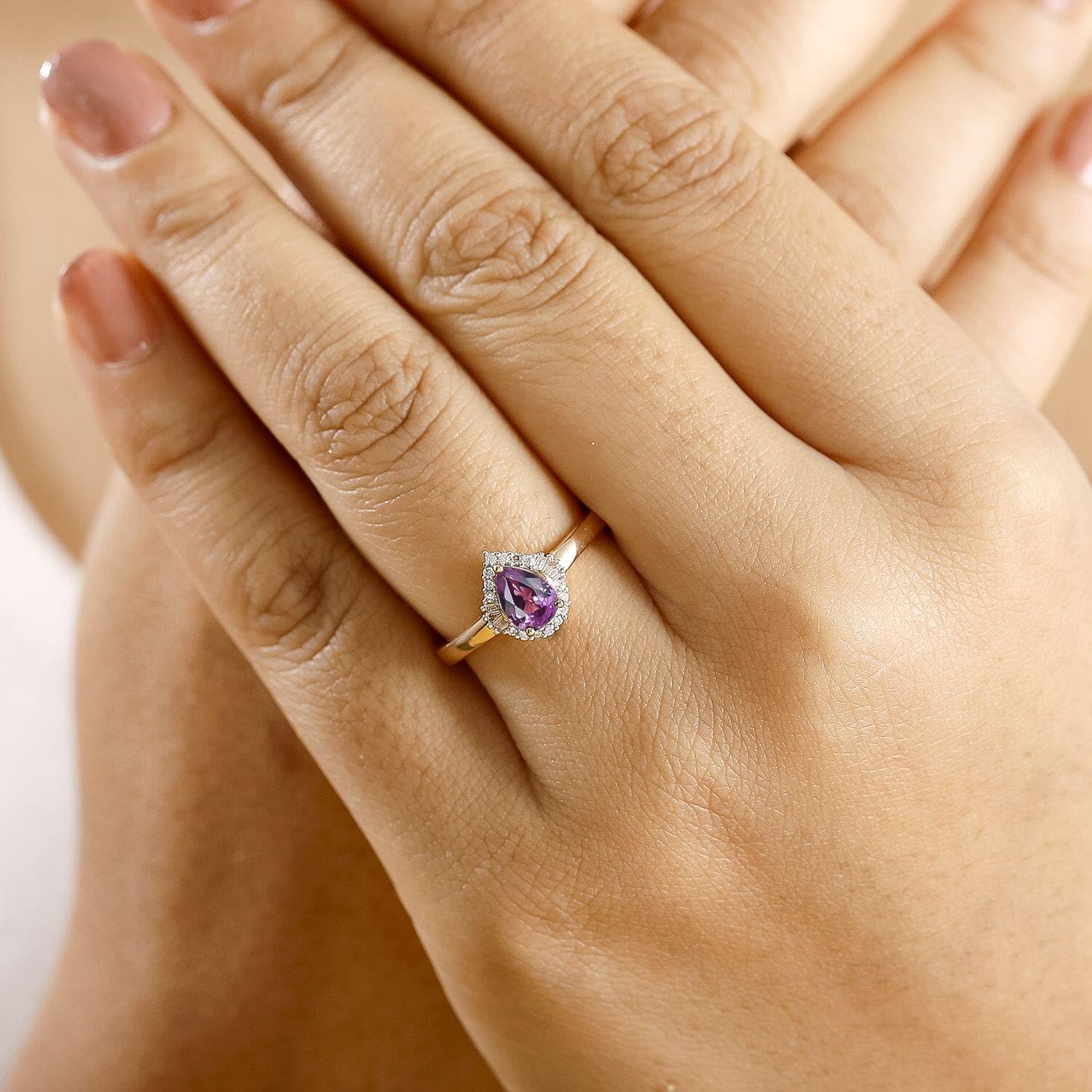 LUXORO AAA Purple Sapphire White Diamond Pear 10K Rose Gold Halo Ring for Women Jewelry Size 7 Ct 0.76 G-H Color I2 Clarity Birthday Christmas Gifts - Image 3