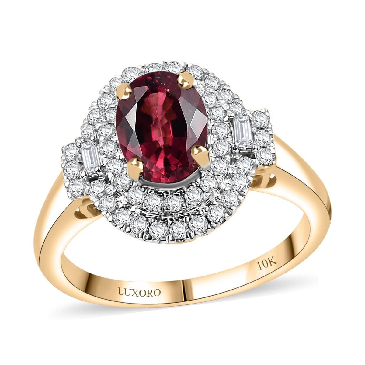 LUXORO AAA Rubellite White Diamond Oval 10K Yellow Gold Halo Ring for Women Jewelry Birthday Christmas Gifts Size 7 Ct 1.5 G-H Color SI Clarity