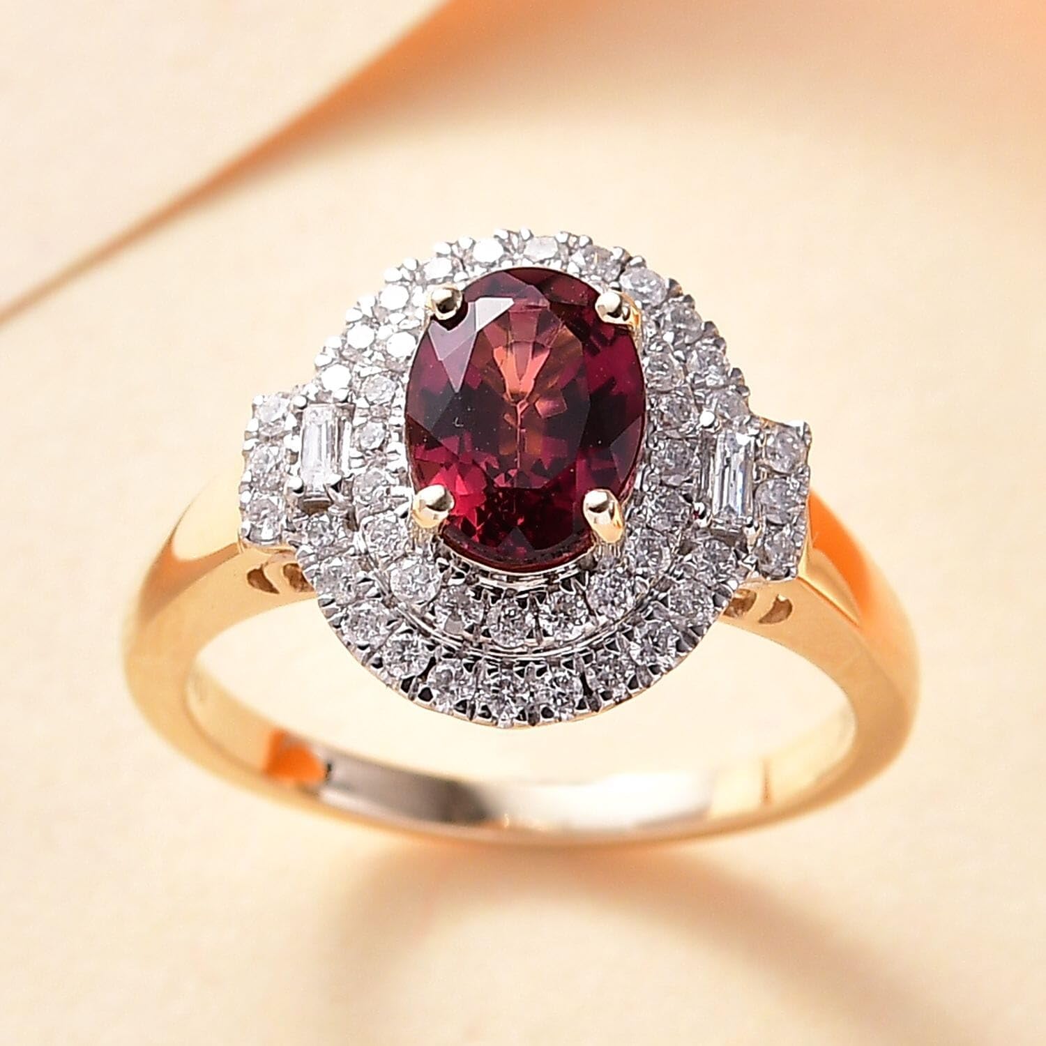 LUXORO AAA Rubellite White Diamond Oval 10K Yellow Gold Halo Ring for Women Jewelry Birthday Christmas Gifts Size 7 Ct 1.5 G-H Color SI Clarity - Image 2