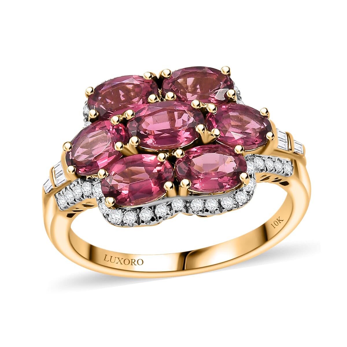 LUXORO AAA Rubellite White Diamond Oval 10K Yellow Gold Ring for Women Jewelry Birthday Gifts Size 6 Ct 2.98