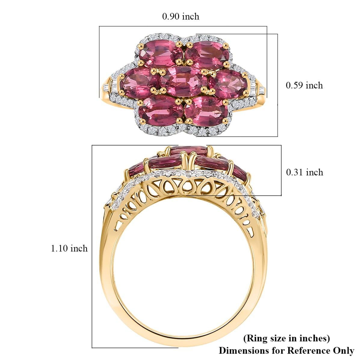 LUXORO AAA Rubellite White Diamond Oval 10K Yellow Gold Ring for Women Jewelry Birthday Gifts Size 6 Ct 2.98 - Image 3
