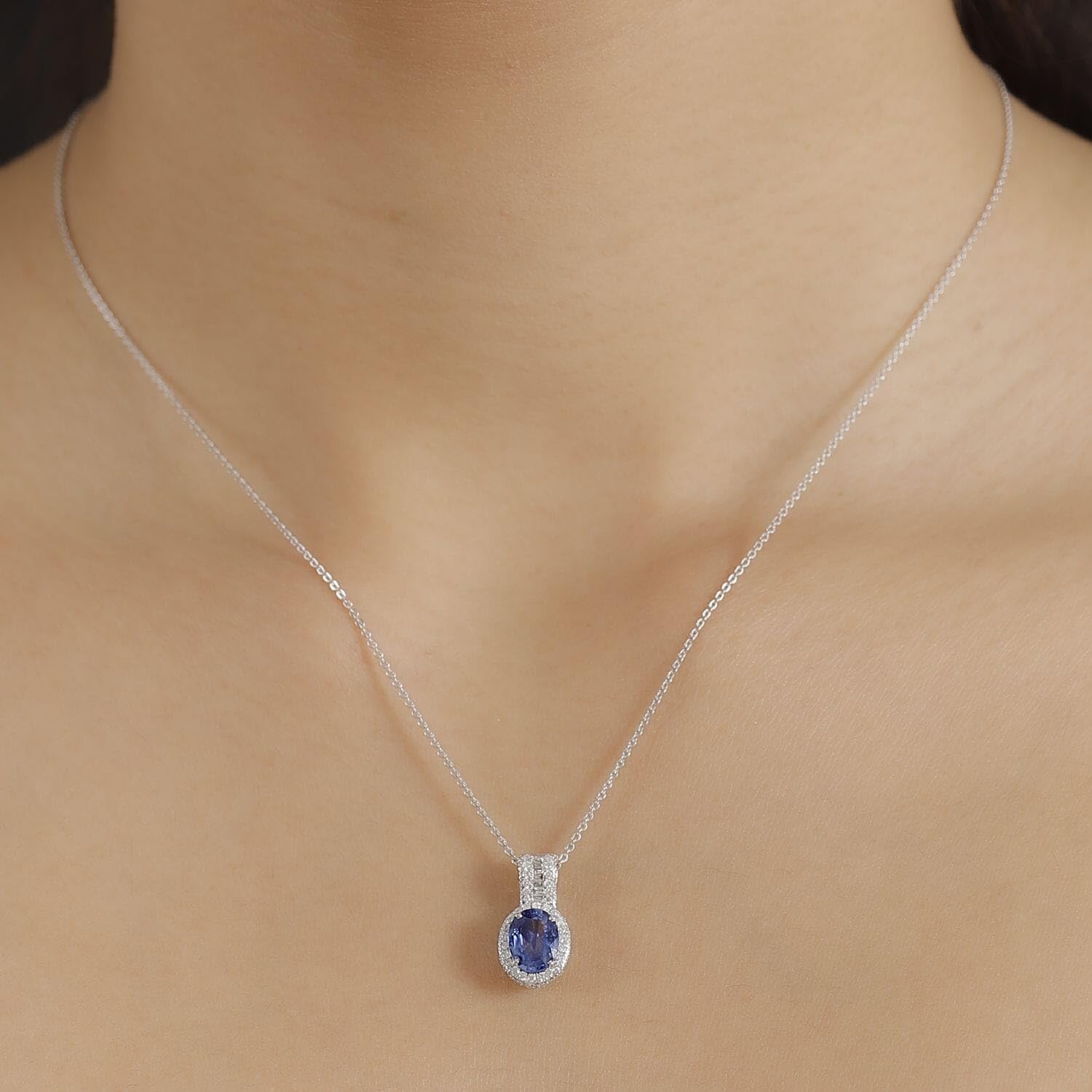 LUXORO AAA Sapphire White Diamond Oval 14K White Gold Halo Pendant for Women Jewelry Birthday Christmas Gifts Ct 1.69 G-H Color I3 Clarity - Image 3