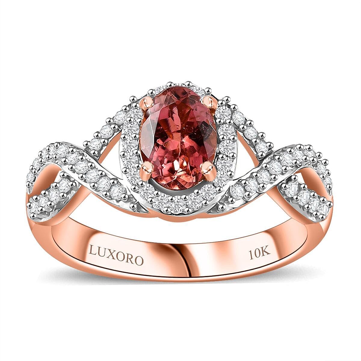 LUXORO AAA Tourmaline White Diamond 10K Rose Gold Halo Ring for Women Jewelry Ct 0.99 G-H Color I3 Clarity Birthday Christmas Gifts