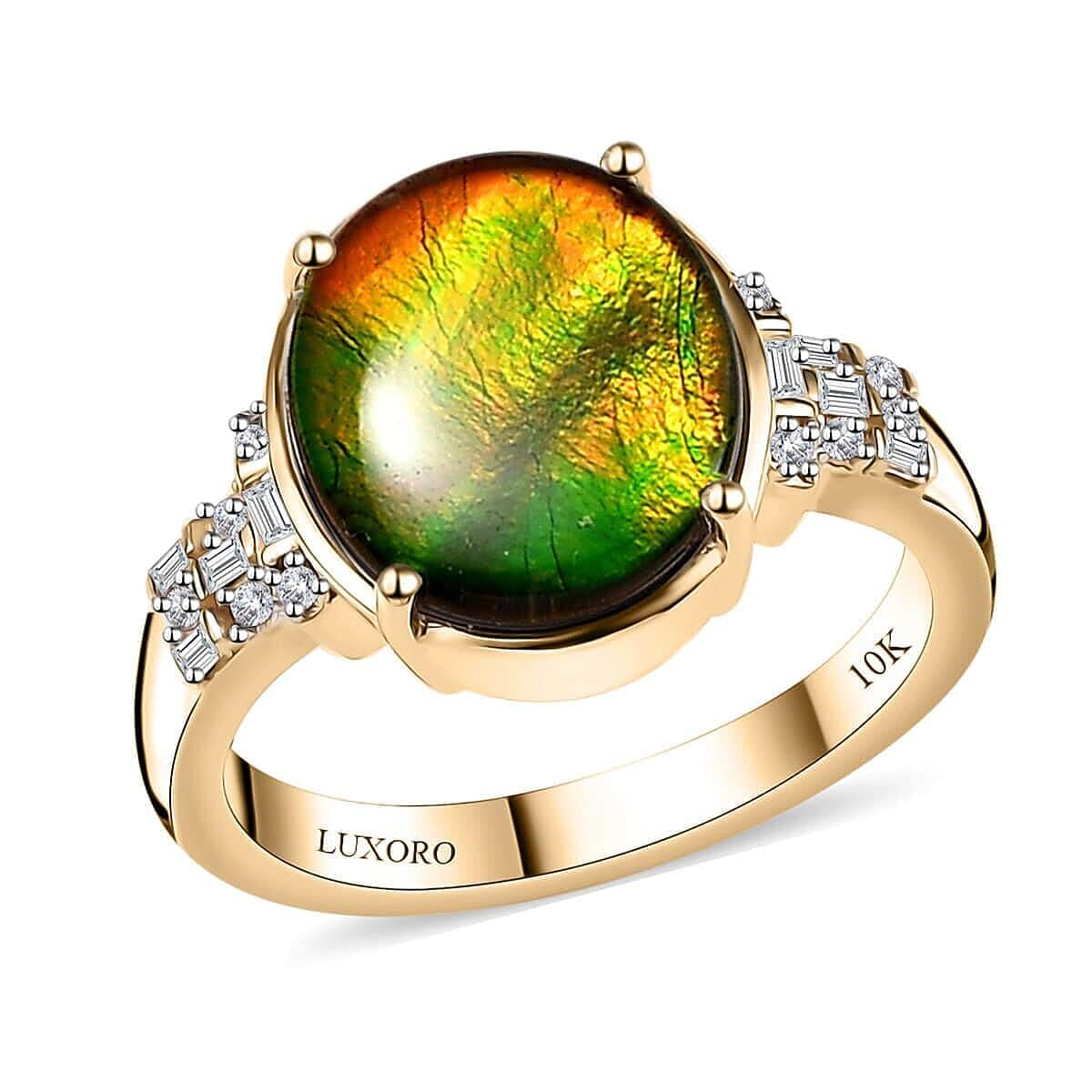 LUXORO Ammolite White Diamond 10K Yellow Gold Ring for Women Jewelry Ct 0.11 G-H Color I3 Clarity Birthday Christmas Gifts