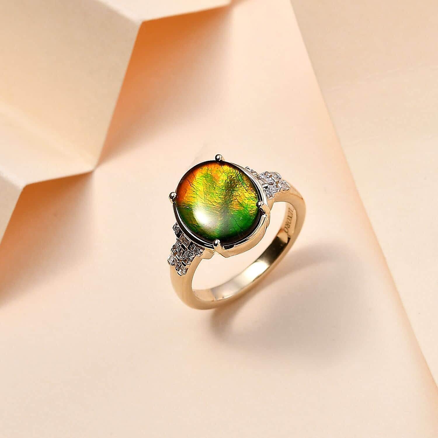 LUXORO Ammolite White Diamond 10K Yellow Gold Ring for Women Jewelry Ct 0.11 G-H Color I3 Clarity Birthday Christmas Gifts - Image 2