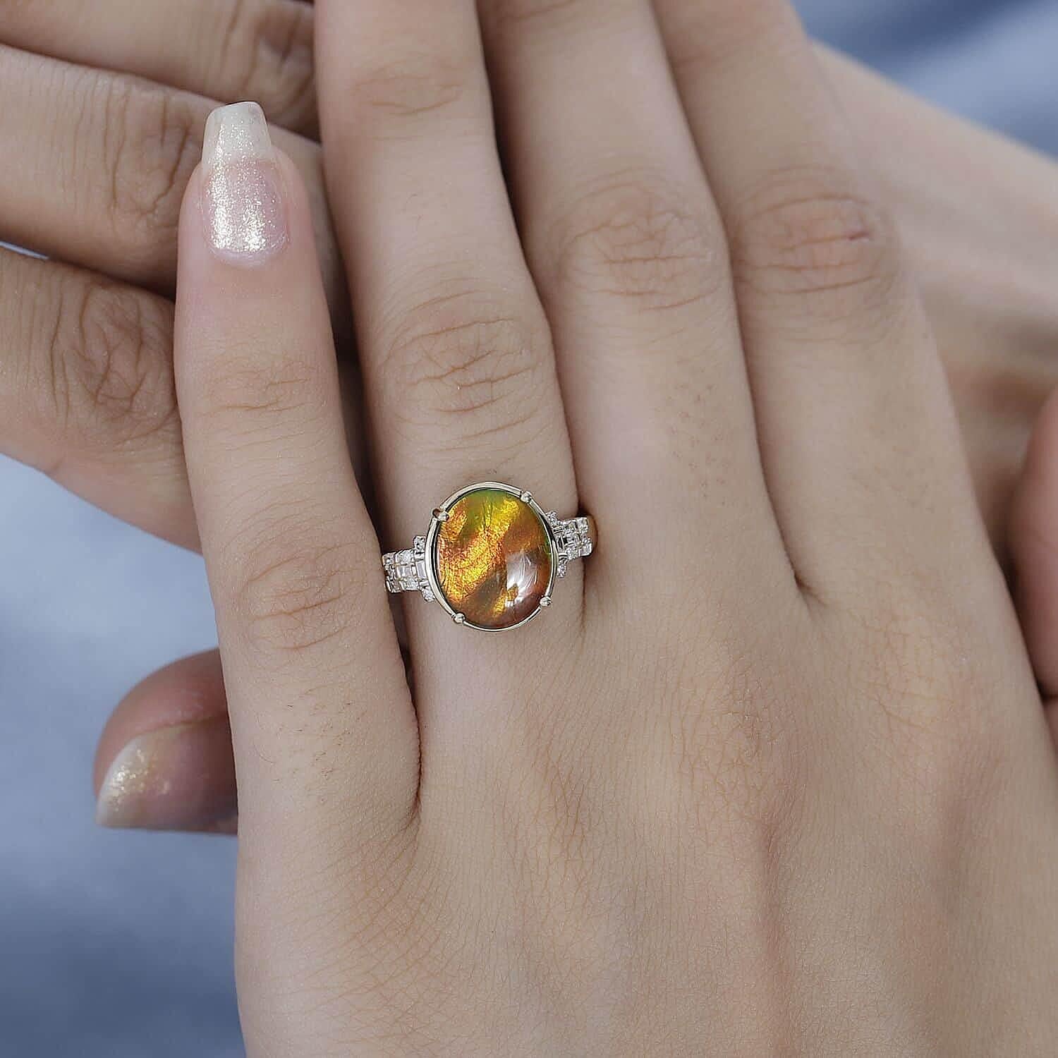 LUXORO Ammolite White Diamond 10K Yellow Gold Ring for Women Jewelry Ct 0.11 G-H Color I3 Clarity Birthday Christmas Gifts - Image 3