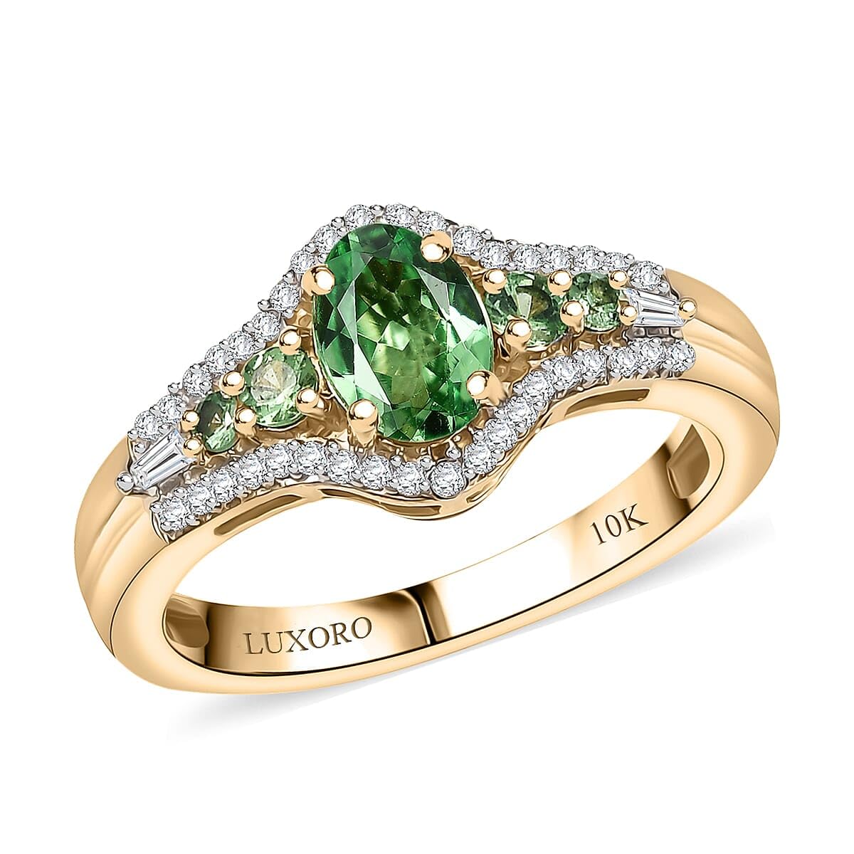 LUXORO Premium Tsavorite Garnet and I2 Diamond 1.25 ctw Ring in 10K Yellow Gold Size 8 Christmas Gifts