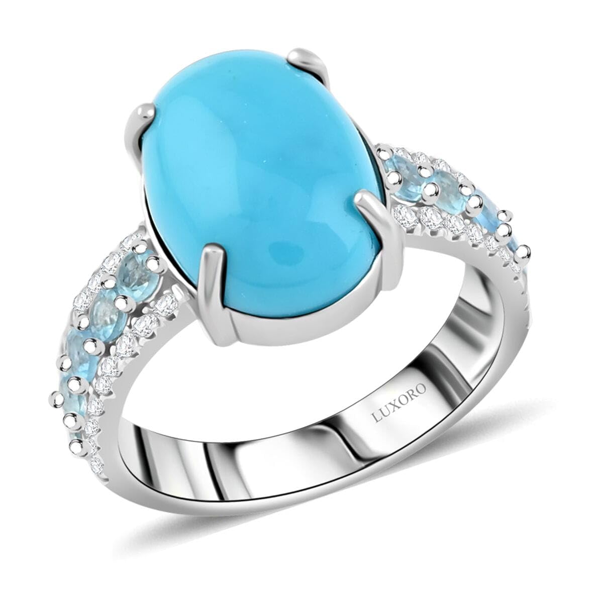 LUXORO Sleeping Beauty Turquoise Blue Aquamarine Oval 10K White Gold Ring for Women Jewelry Birthday Christmas Gifts Size 6 Ct 4.43