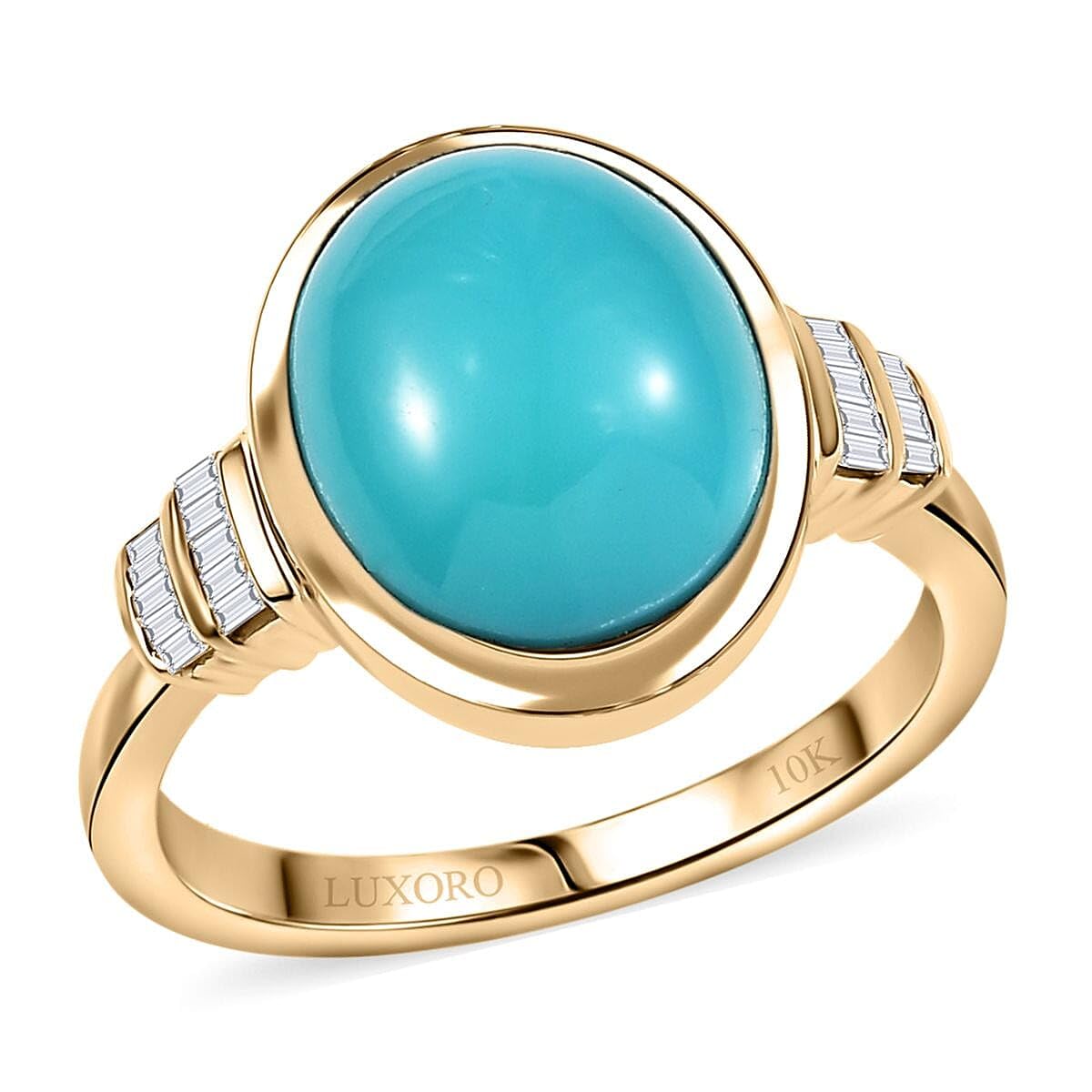 LUXORO Sleeping Beauty Turquoise White Diamond Oval 10K Yellow Gold Ring for Women Jewelry Birthday Gifts Size 9 Ct 3.63 G-H Color I2 Clarity