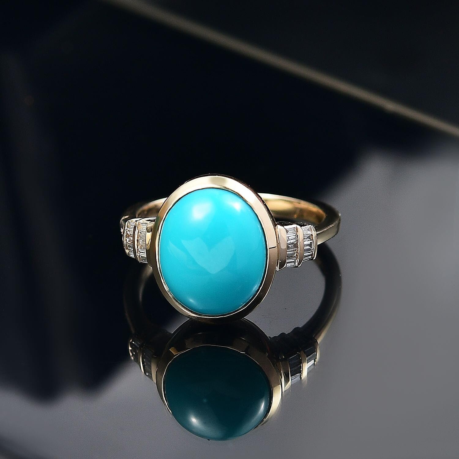 LUXORO Sleeping Beauty Turquoise White Diamond Oval 10K Yellow Gold Ring for Women Jewelry Birthday Gifts Size 9 Ct 3.63 G-H Color I2 Clarity - Image 2