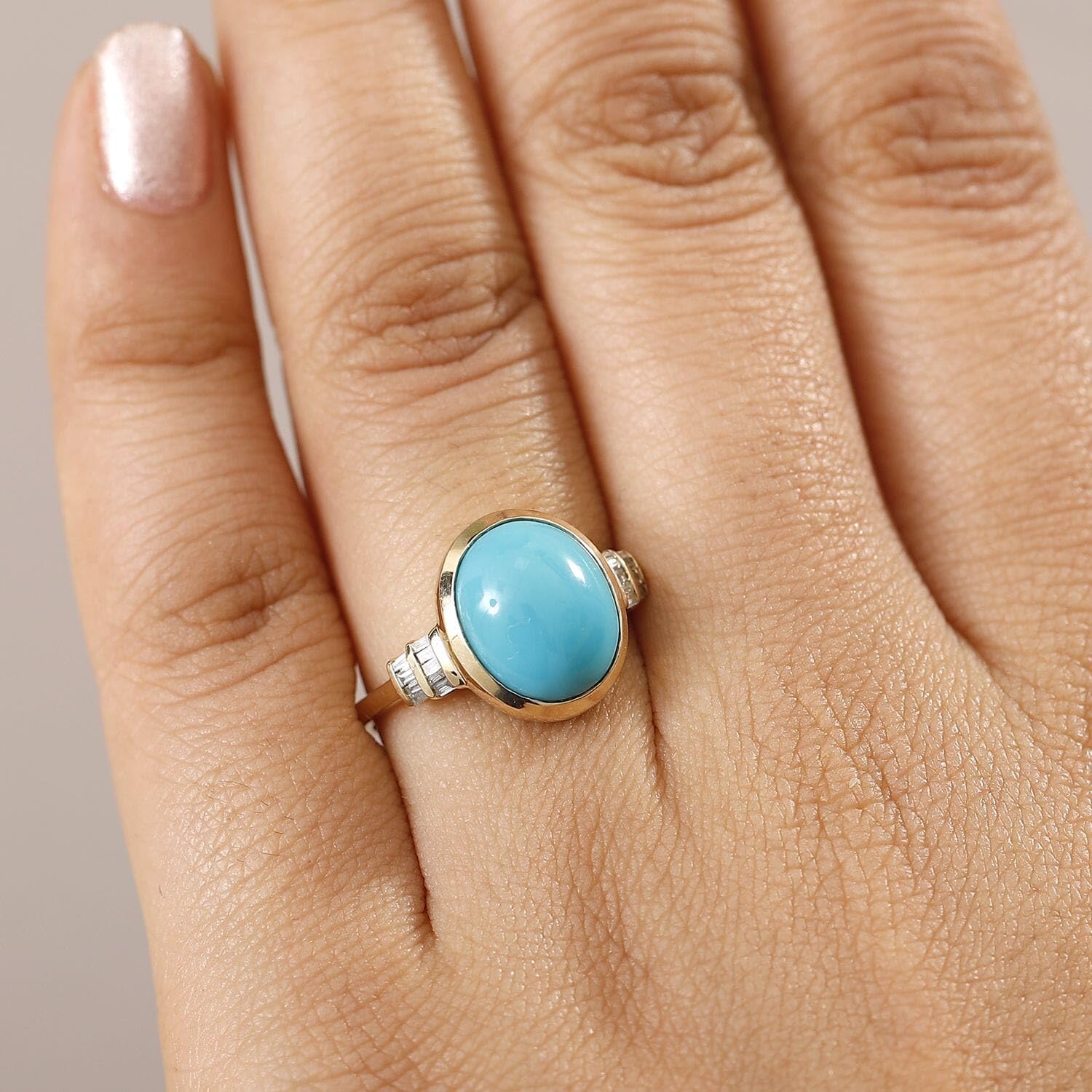 LUXORO Sleeping Beauty Turquoise White Diamond Oval 10K Yellow Gold Ring for Women Jewelry Birthday Gifts Size 9 Ct 3.63 G-H Color I2 Clarity - Image 3