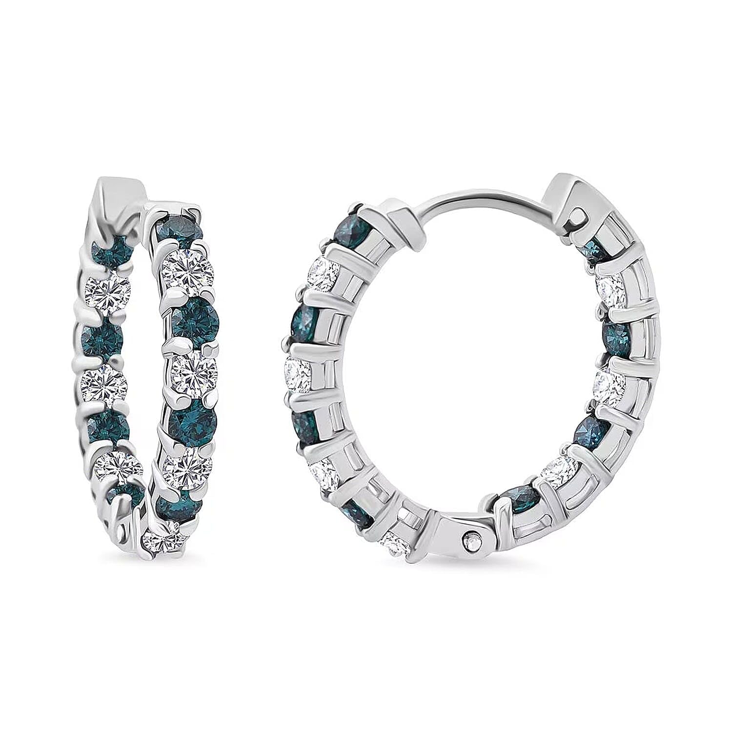 Luxuriant Lab Grown Blue Diamond (IR) and Lab Grown White Diamond SI 1.85 ctw Midnight Ice Hoop Earrings in Rhodium Over Sterling Silver Christmas Gifts