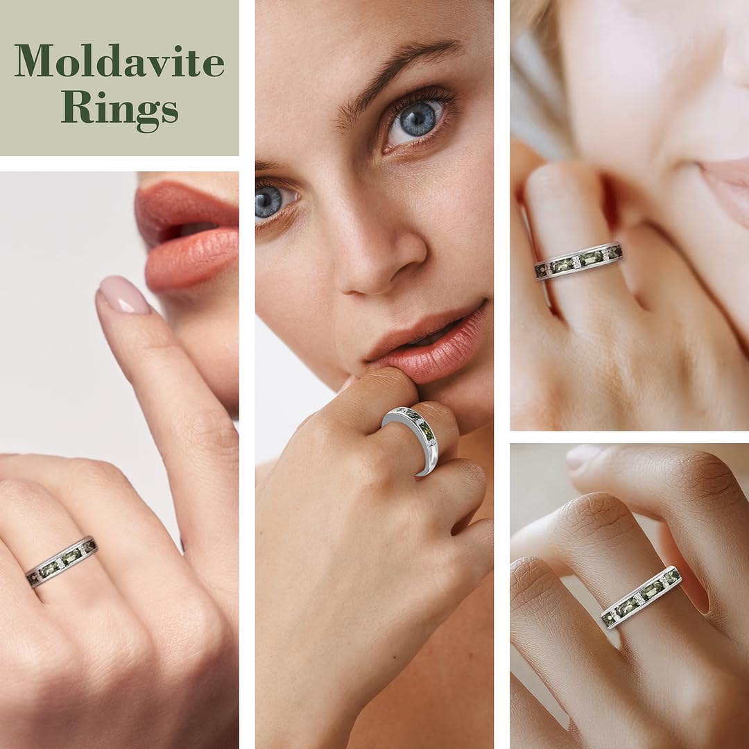 Moldavite & White Zircon Half Eternity Rings in 925 Sterling Silver - Wedding Bands for Women with Platinum Plating Promise Jewelry - Engagement Anniversary Birthday Christmas Gifts for Womens - Image 2