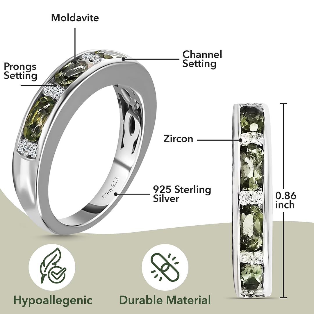 Moldavite & White Zircon Half Eternity Rings in 925 Sterling Silver - Wedding Bands for Women with Platinum Plating Promise Jewelry - Engagement Anniversary Birthday Christmas Gifts for Womens - Image 3