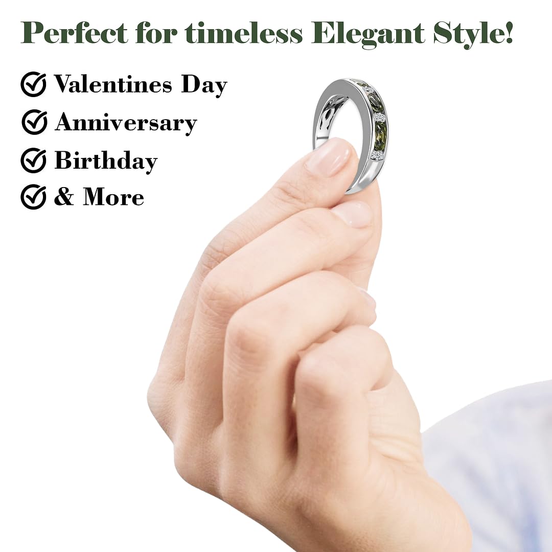 Moldavite & White Zircon Half Eternity Rings in 925 Sterling Silver - Wedding Bands for Women with Platinum Plating Promise Jewelry - Engagement Anniversary Birthday Christmas Gifts for Womens - Image 6