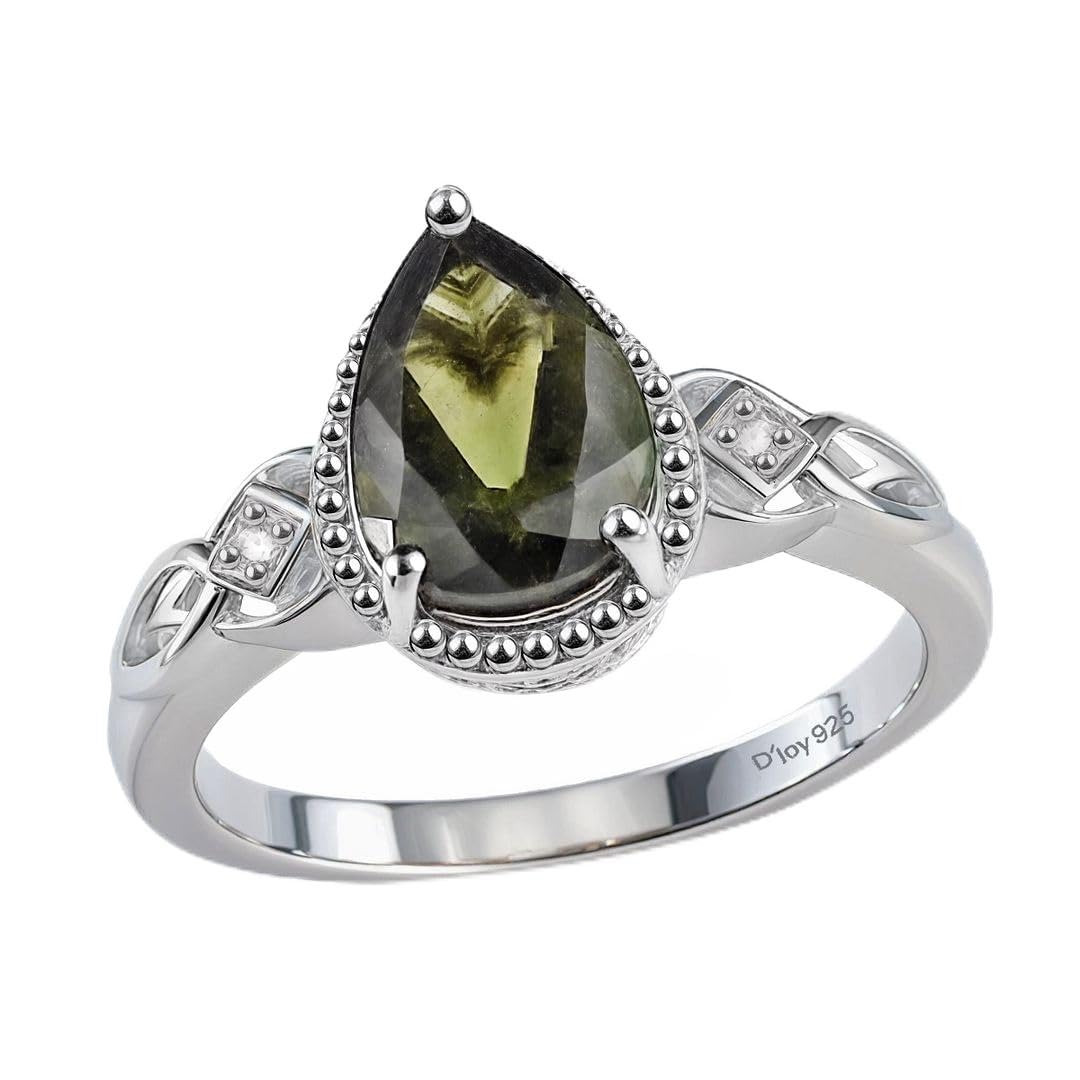 Moldavite & White Zircon Ring in 925 Sterling Silver - Engagement Rings for Women with Platinum Plating - Vintage Promise Statement Jewelry Womens - Anniversary Wedding Birthday Christmas Gifts