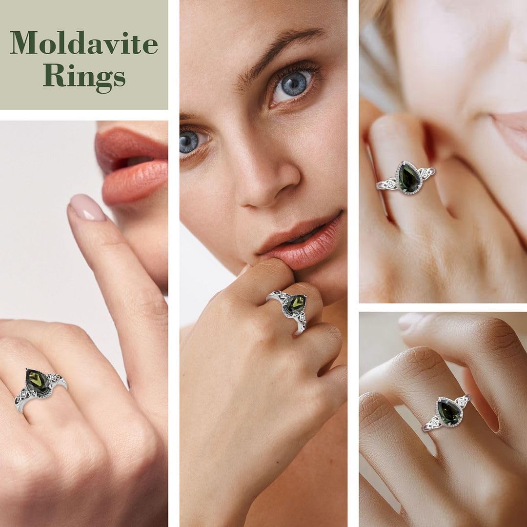 Moldavite & White Zircon Ring in 925 Sterling Silver - Engagement Rings for Women with Platinum Plating - Vintage Promise Statement Jewelry Womens - Anniversary Wedding Birthday Christmas Gifts - Image 2