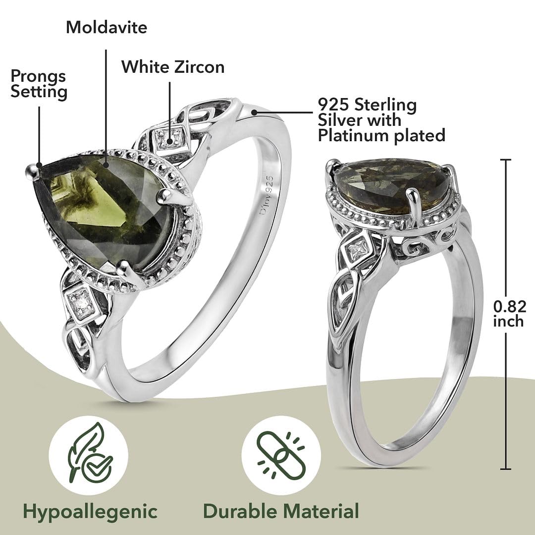 Moldavite & White Zircon Ring in 925 Sterling Silver - Engagement Rings for Women with Platinum Plating - Vintage Promise Statement Jewelry Womens - Anniversary Wedding Birthday Christmas Gifts - Image 3