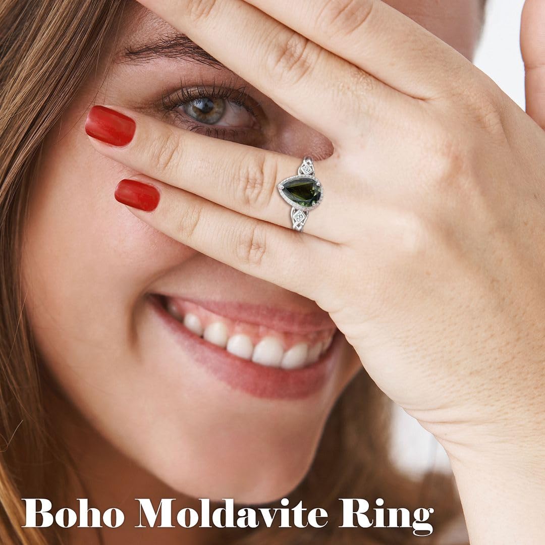 Moldavite & White Zircon Ring in 925 Sterling Silver - Engagement Rings for Women with Platinum Plating - Vintage Promise Statement Jewelry Womens - Anniversary Wedding Birthday Christmas Gifts - Image 5