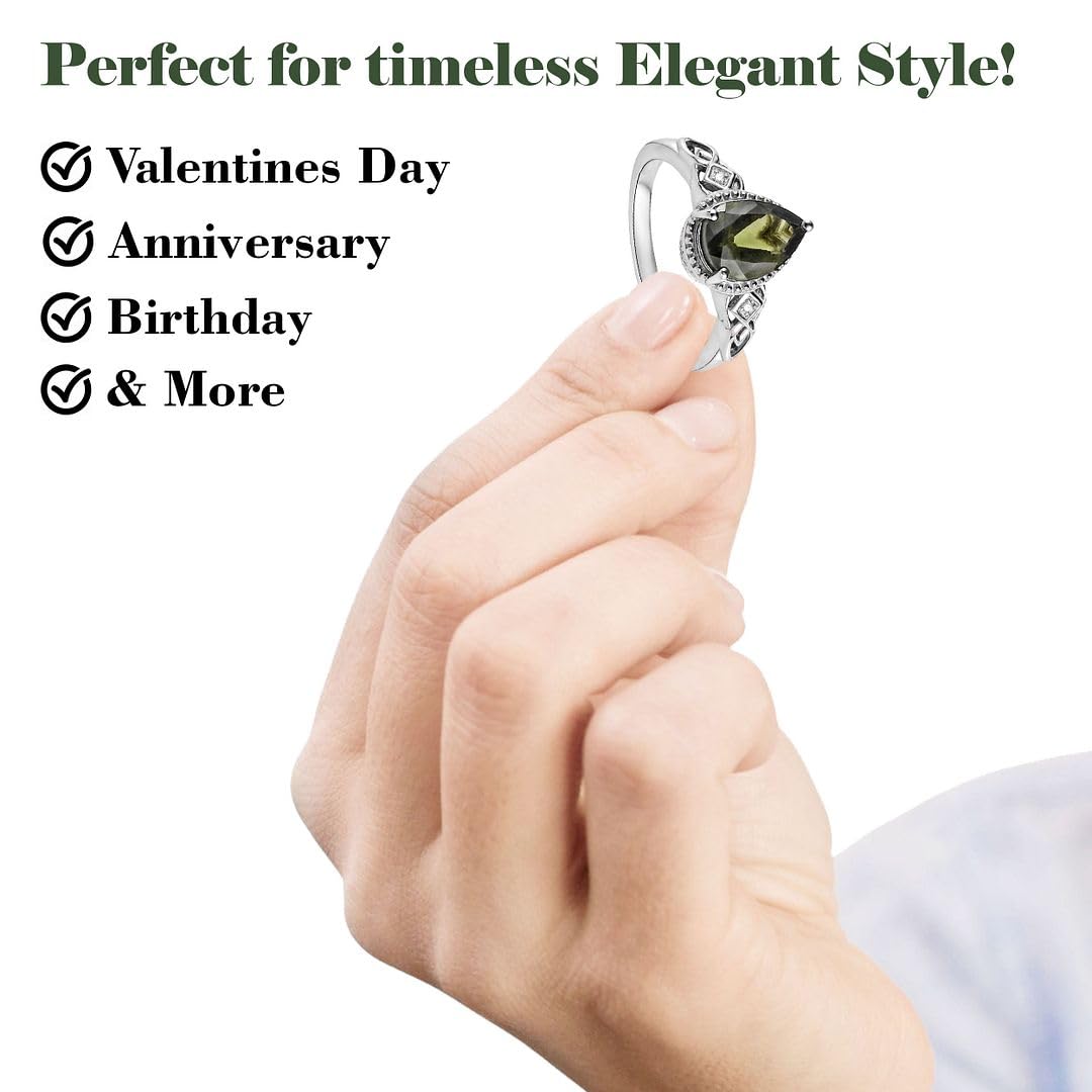 Moldavite & White Zircon Ring in 925 Sterling Silver - Engagement Rings for Women with Platinum Plating - Vintage Promise Statement Jewelry Womens - Anniversary Wedding Birthday Christmas Gifts - Image 6