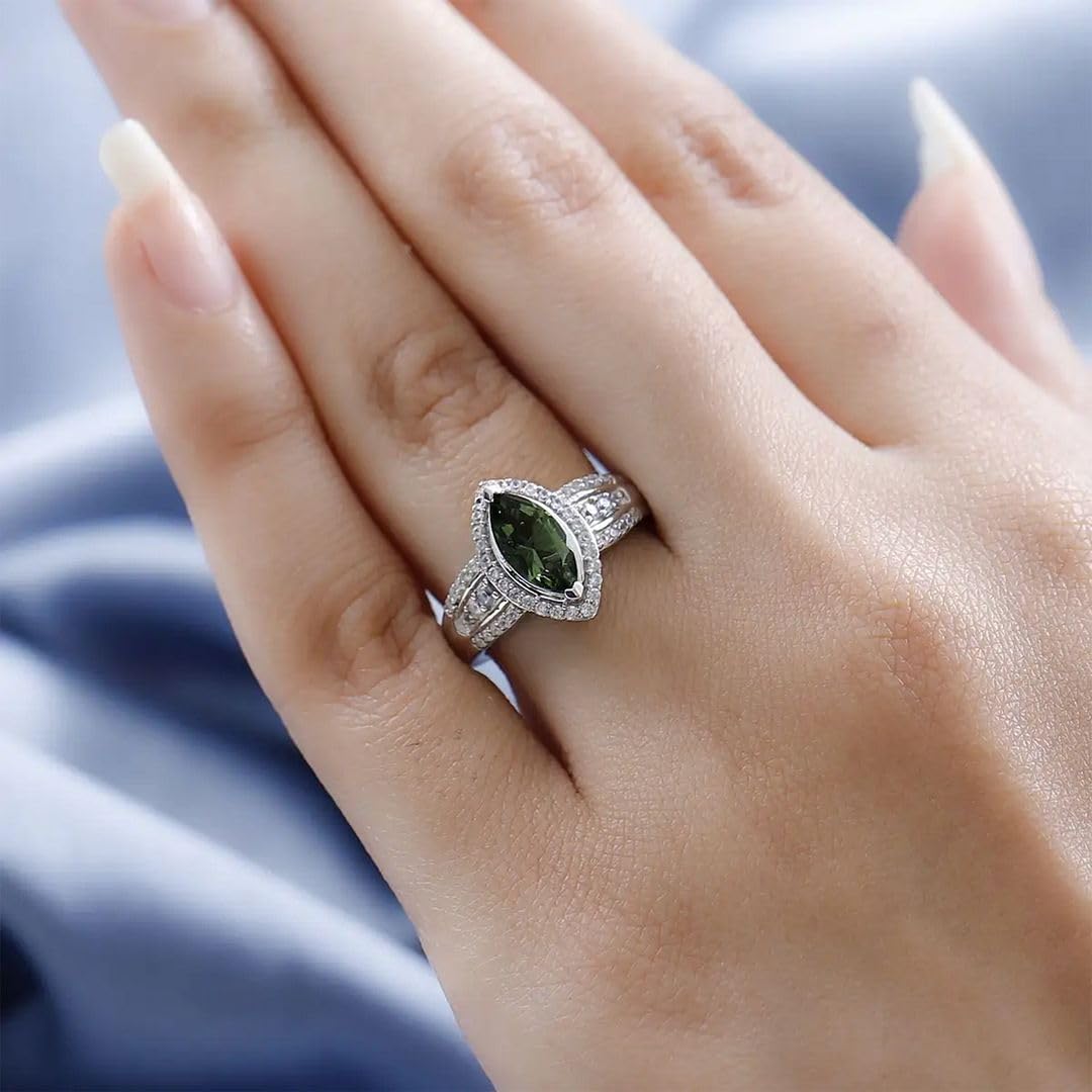 Moldavite Zircon Engagement Rings for Women - Promise Rings for Her 925 Sterling Silver Platinum Plated Moldavite Ring Wedding Jewelry Anniversary Birthday Christmas Gifts for Women - Image 3