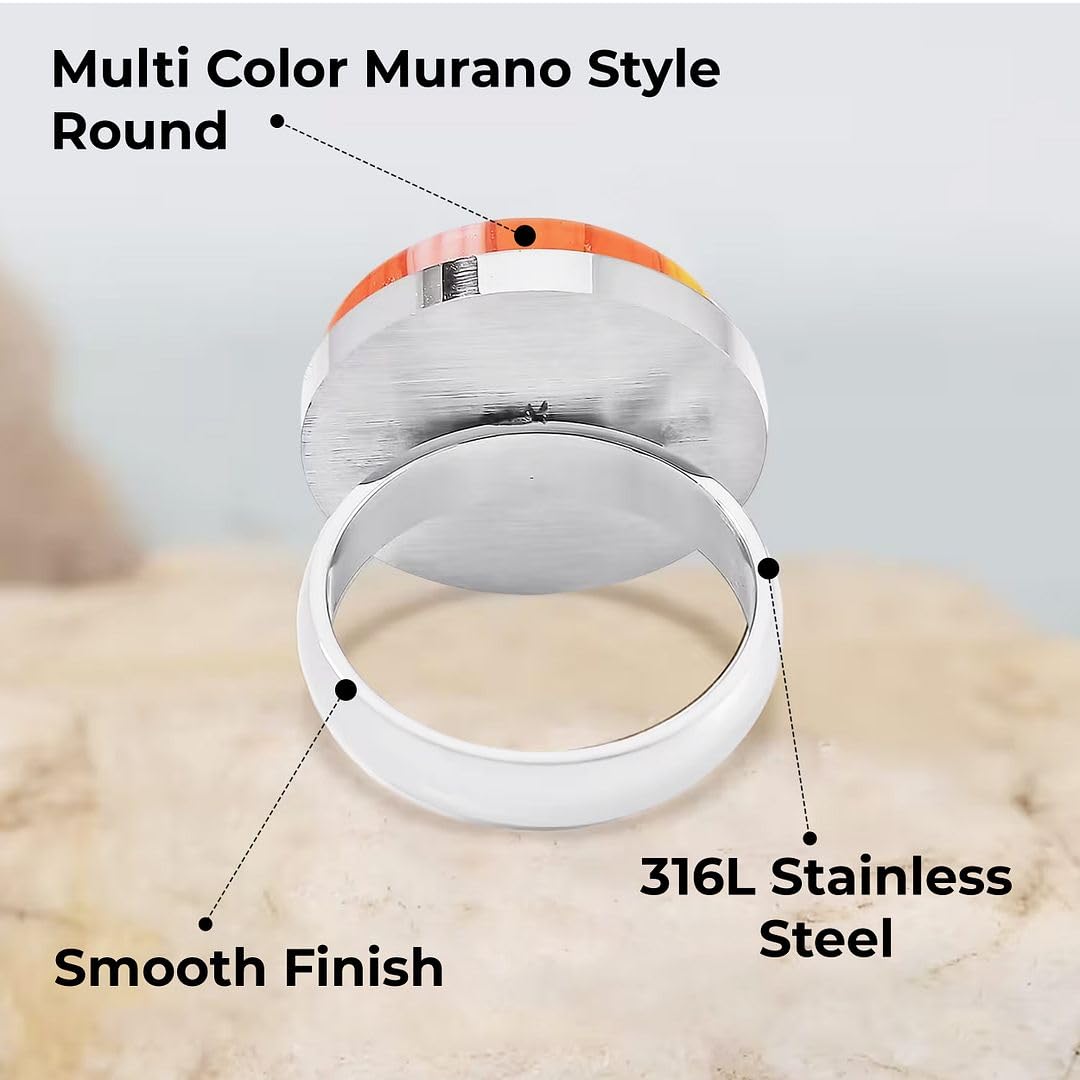 Multi Color Murano Style Glass Stainless Steel Flower Ring - Colorfull Floral Cocktail Rings for Women Jewelry - Vintage Cute Statement Anniversary Jewelry - Birthday Gifts for Women - Image 3