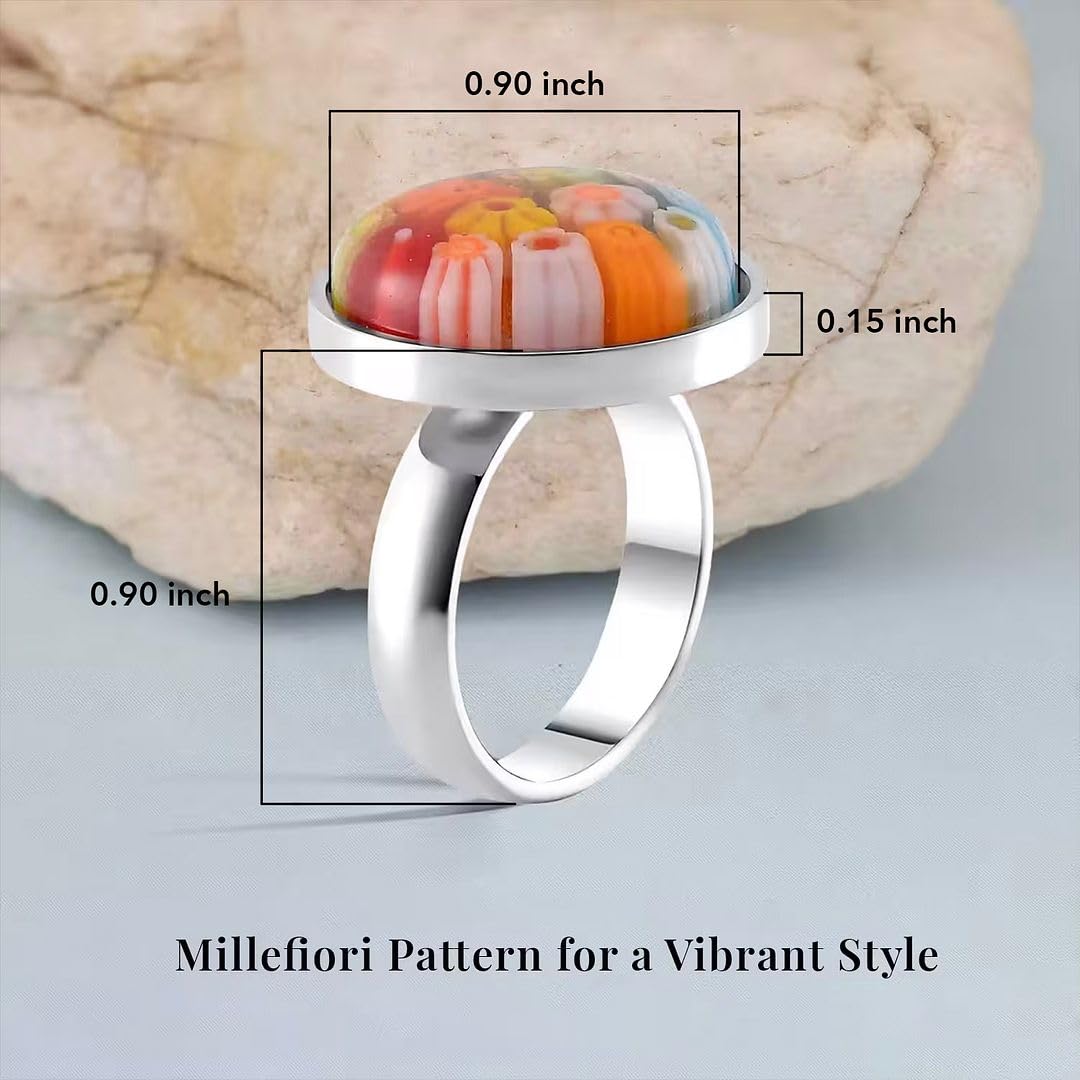 Multi Color Murano Style Glass Stainless Steel Flower Ring - Colorfull Floral Cocktail Rings for Women Jewelry - Vintage Cute Statement Anniversary Jewelry - Birthday Gifts for Women - Image 5