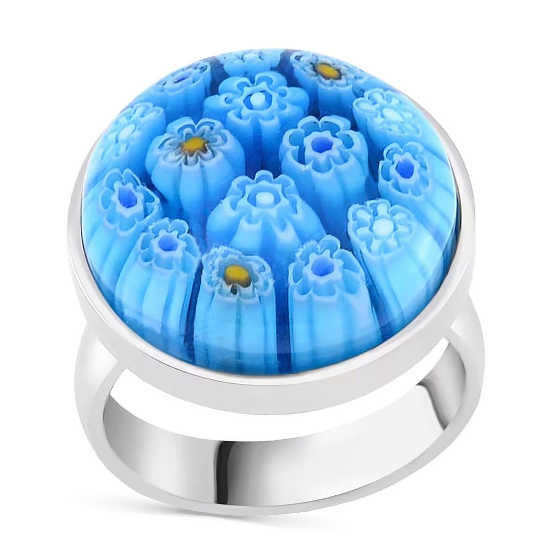 Multi Color Murano Style Glass Stainless Steel Flower Ring - Colorfull Floral Cocktail Rings for Women Jewelry - Vintage Cute Statement Anniversary Jewelry - Birthday Gifts for Women