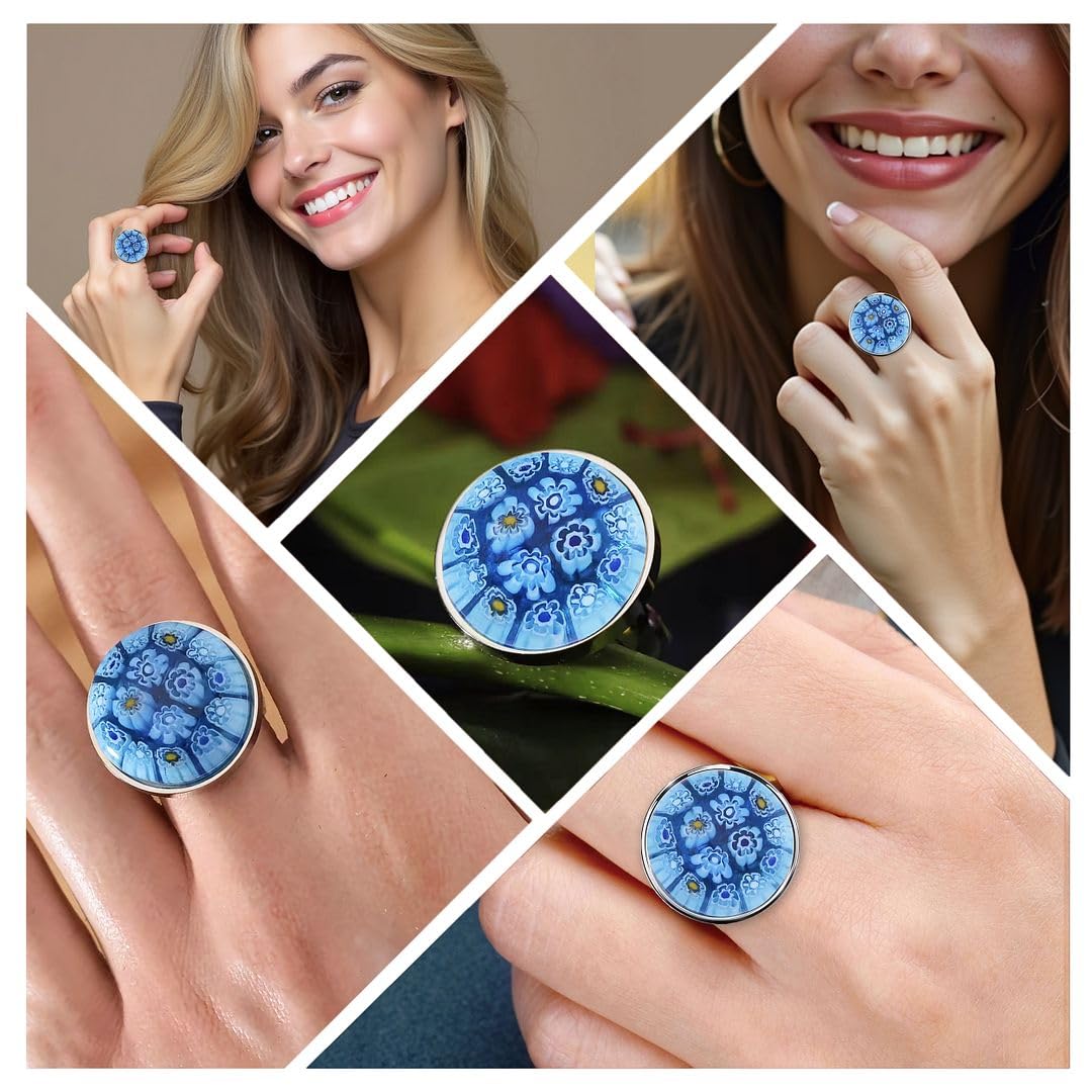Multi Color Murano Style Glass Stainless Steel Flower Ring - Colorfull Floral Cocktail Rings for Women Jewelry - Vintage Cute Statement Anniversary Jewelry - Birthday Gifts for Women - Image 2