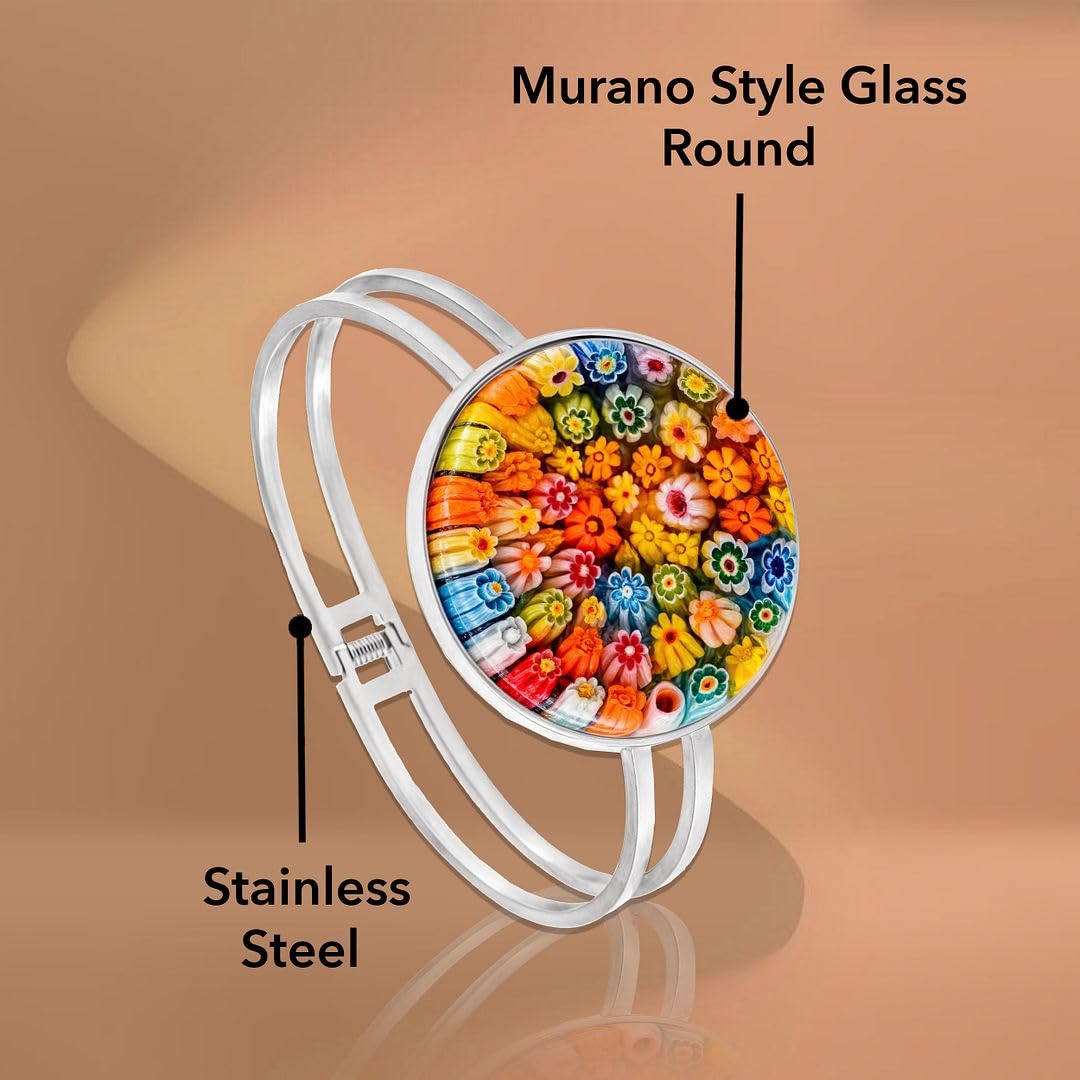 Murano Style Glass Charm Bracelet Cuff - Bangle Bracelets for Women Glass Jewelry Colorful Daisy Flower Stainless Steel Fun Unique Christmas Gifts for Women Anniversary 6.5 - 7.5" - Image 3