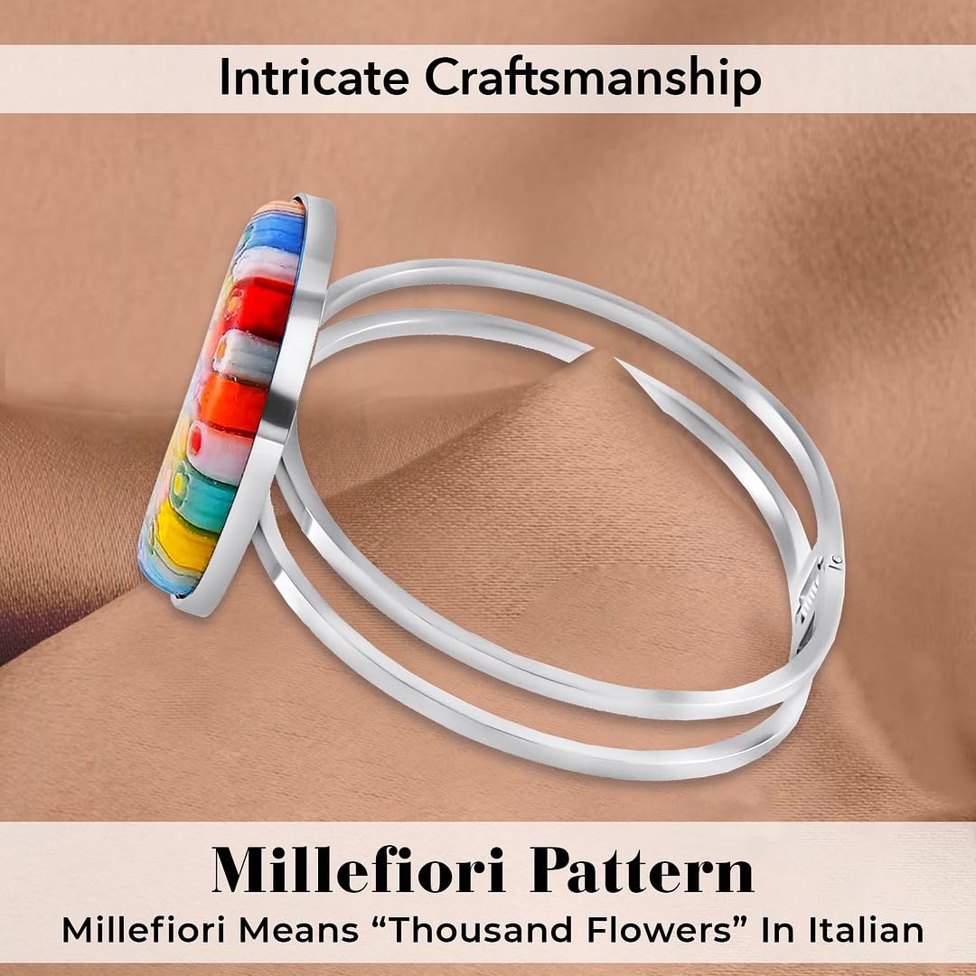 Murano Style Glass Charm Bracelet Cuff - Bangle Bracelets for Women Glass Jewelry Colorful Daisy Flower Stainless Steel Fun Unique Christmas Gifts for Women Anniversary 6.5 - 7.5" - Image 5