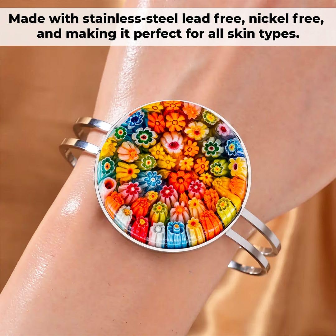 Murano Style Glass Charm Bracelet Cuff - Bangle Bracelets for Women Glass Jewelry Colorful Daisy Flower Stainless Steel Fun Unique Christmas Gifts for Women Anniversary 6.5 - 7.5" - Image 6