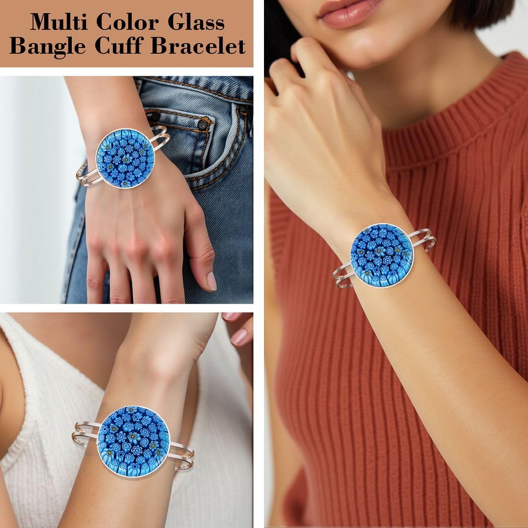 Murano Style Glass Charm Bracelet Cuff - Bangle Bracelets for Women Glass Jewelry Colorful Daisy Flower Stainless Steel Fun Unique Christmas Gifts for Women Anniversary 6.5 - 7.5" - Image 2