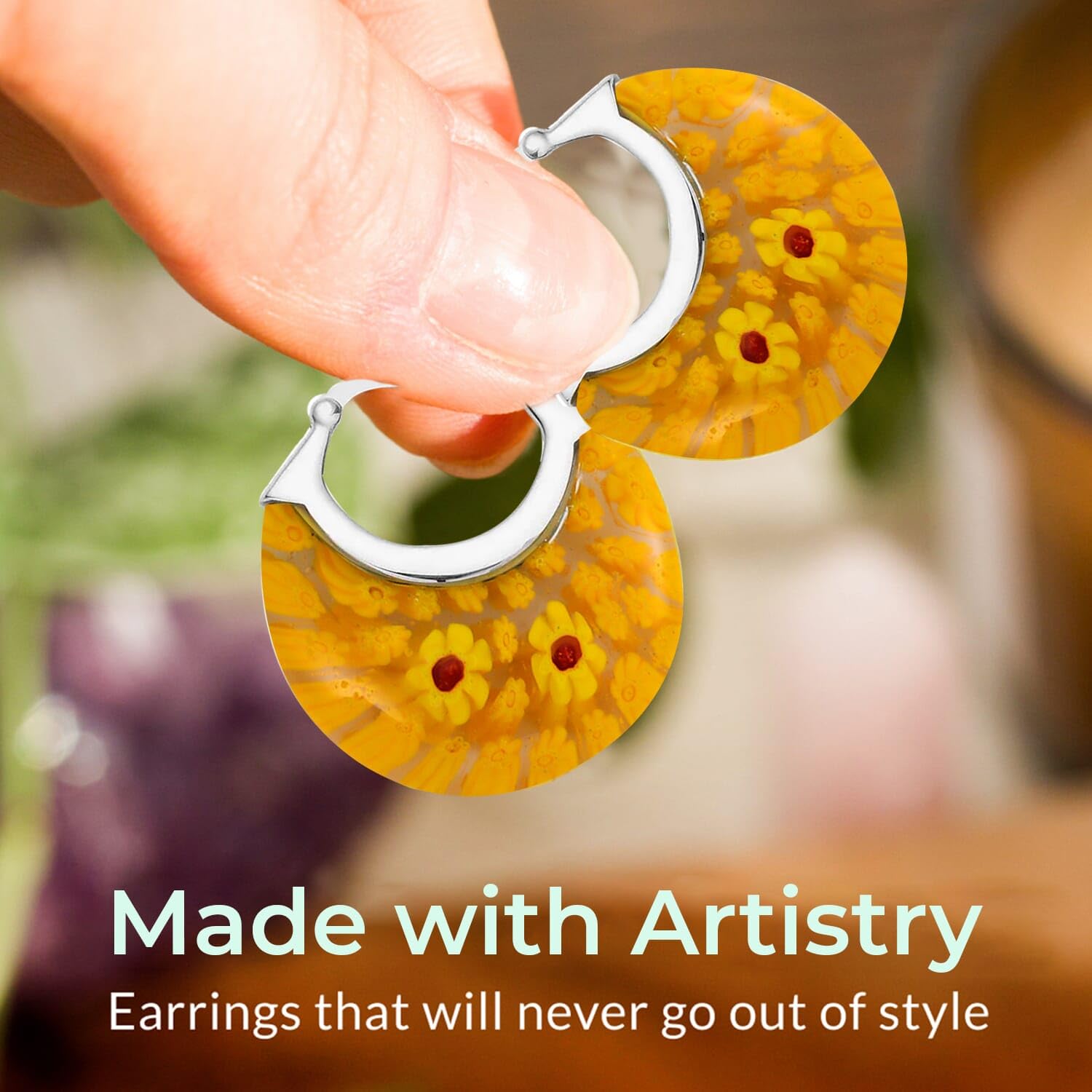 Murano Style Glass Hoop Earrings for Women Daisy Flower Stainless Steel Dangle Fun Vibrant Colors Teacher Glass Jewelry Birthday Anniversary Birthday Christmas Gifts for Women - Image 3