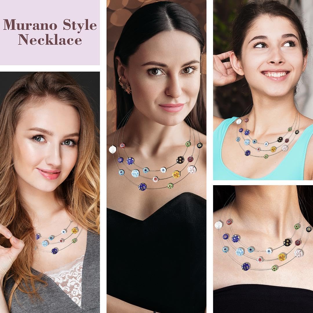 Murano Style Millefiori Glass Layered Necklaces - Beaded Necklaces for Womens - Colorful Flower Jewelry Cute Stainless Steel 18 Inches Birthday - Wedding Anniversary Christmas Gifts for Womens - Image 2