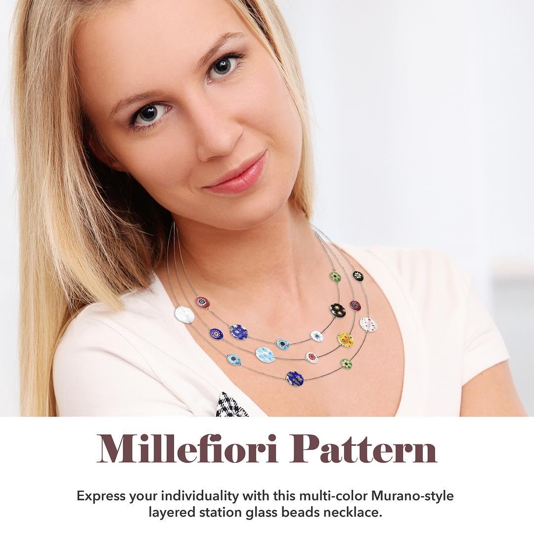 Murano Style Millefiori Glass Layered Necklaces - Beaded Necklaces for Womens - Colorful Flower Jewelry Cute Stainless Steel 18 Inches Birthday - Wedding Anniversary Christmas Gifts for Womens - Image 4