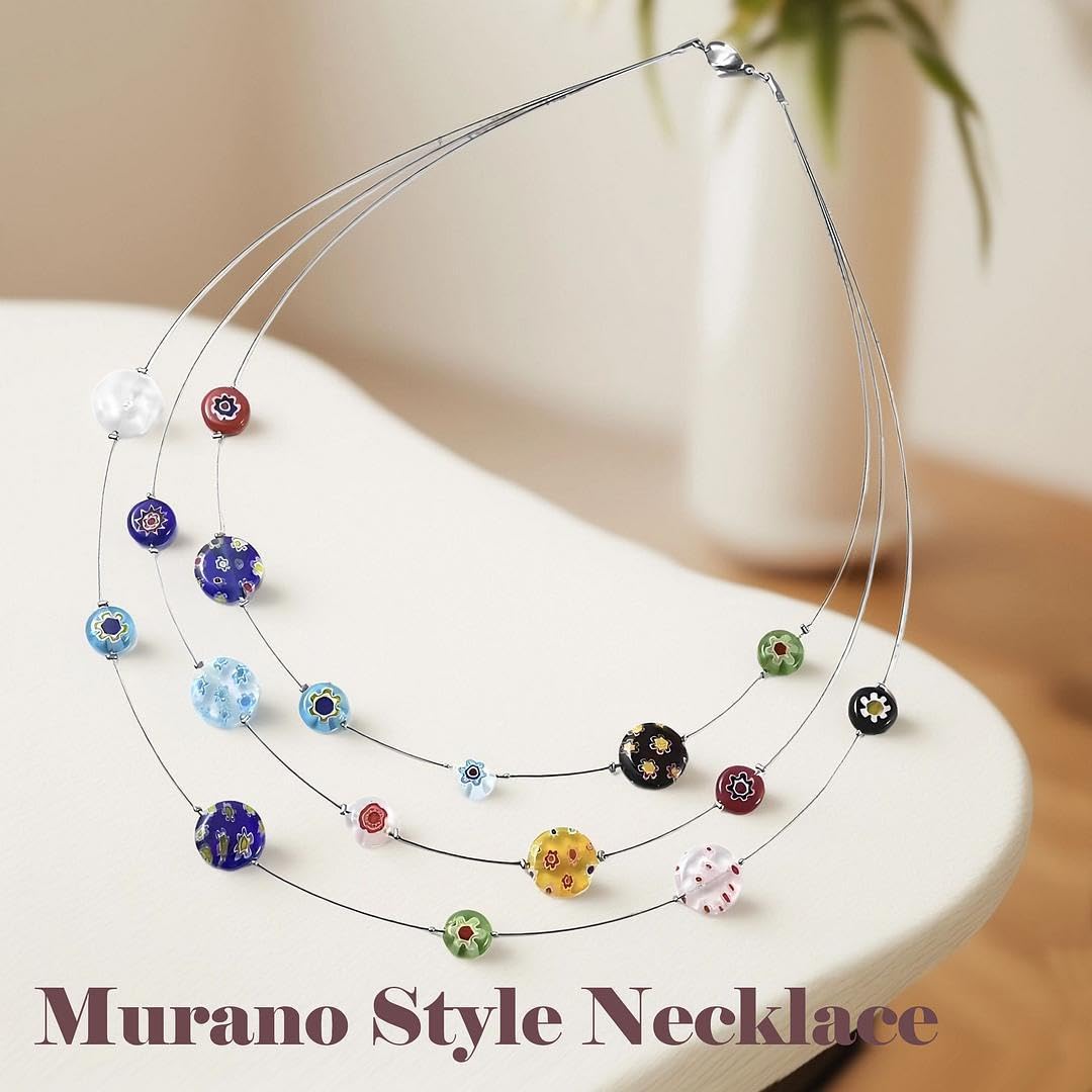 Murano Style Millefiori Glass Layered Necklaces - Beaded Necklaces for Womens - Colorful Flower Jewelry Cute Stainless Steel 18 Inches Birthday - Wedding Anniversary Christmas Gifts for Womens - Image 5
