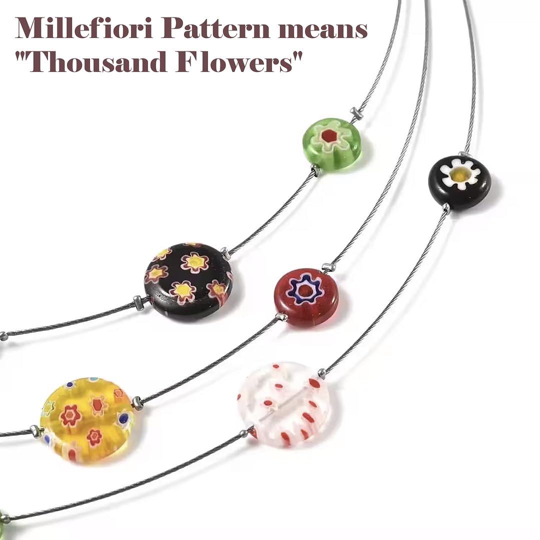 Murano Style Millefiori Glass Layered Necklaces - Beaded Necklaces for Womens - Colorful Flower Jewelry Cute Stainless Steel 18 Inches Birthday - Wedding Anniversary Christmas Gifts for Womens - Image 6