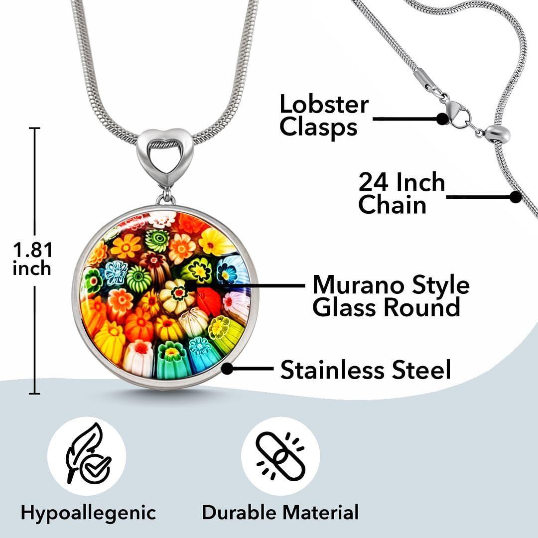 Murano Style Millefiori Glass Necklace - Beaded Necklaces for Women - Colorful Floral Promise Flower Jewelry Fun Stainless Steel 24 - 26 Inches - Birthday Anniversarys Gifts for Womens - Image 3