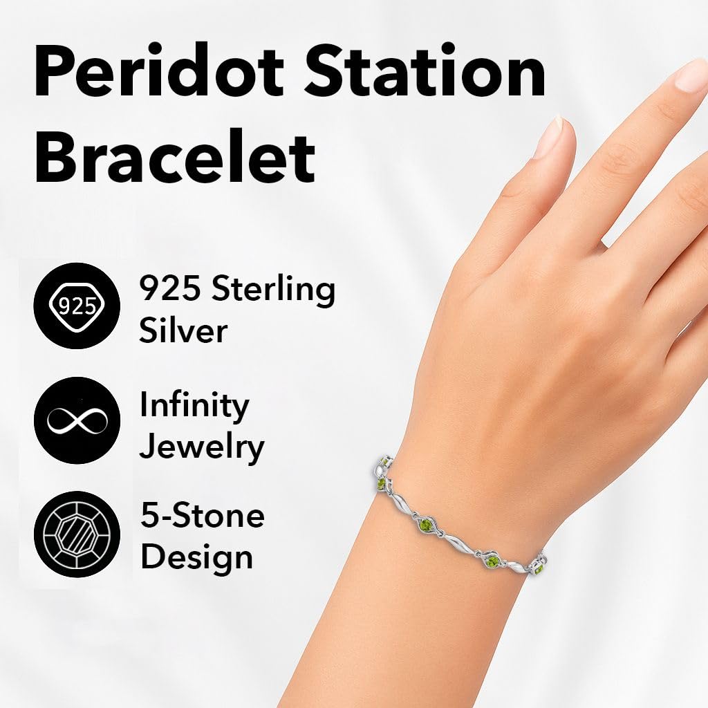 Peridot Birthstone Bracelets for Women in 925 Sterling Silver Bracelet - 7.25 Inches Bolo Link Chain Bracelets Infinity Jewelry - Promise - Wedding Anniversary Birthday Christmas Gifts for Women - Image 3