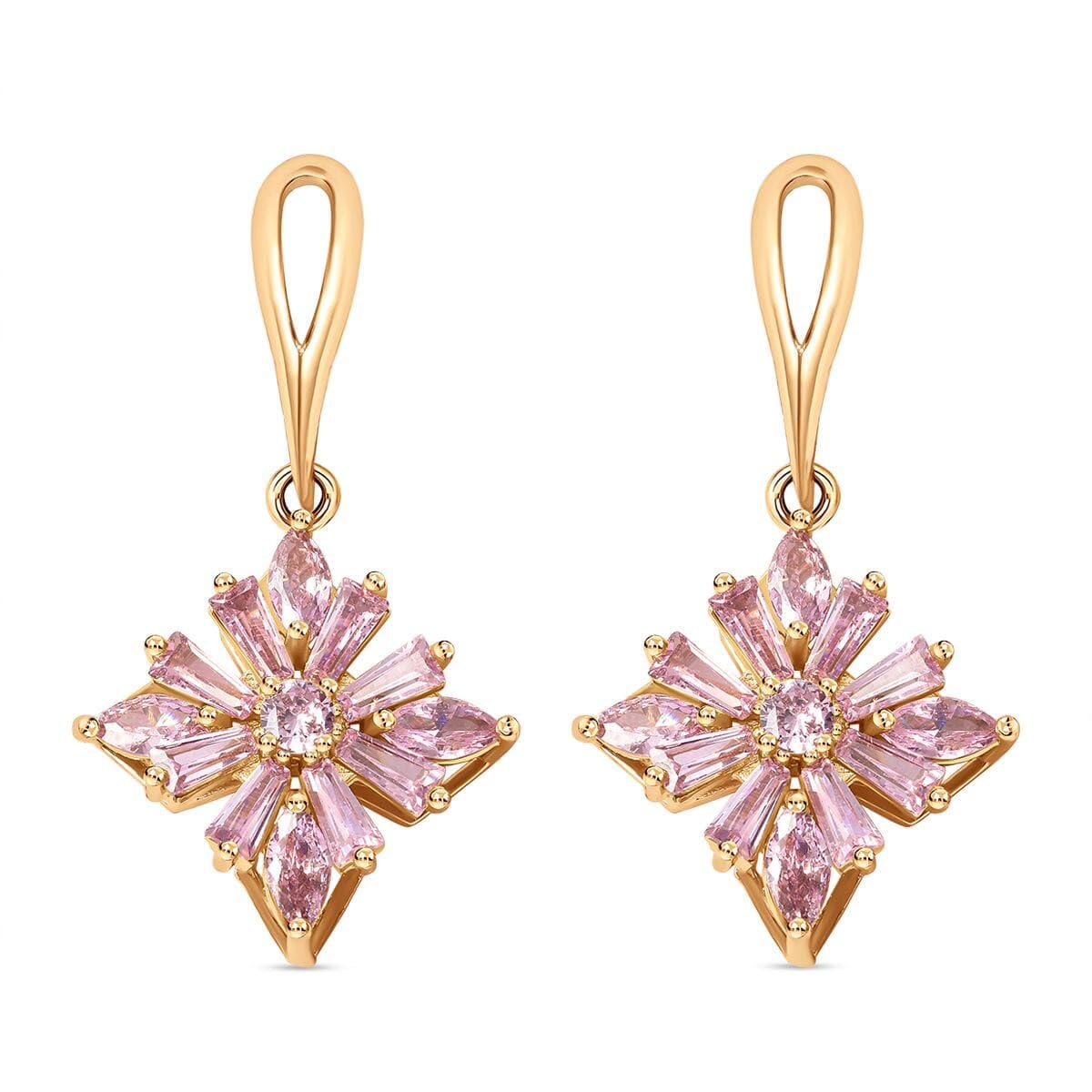 Pink Cubic Zirconia Earrings for Women in Gold Tone - Flower Floral Drop Dangle Earrings for Women Fashion Jewelry Christmas Gifts for Women